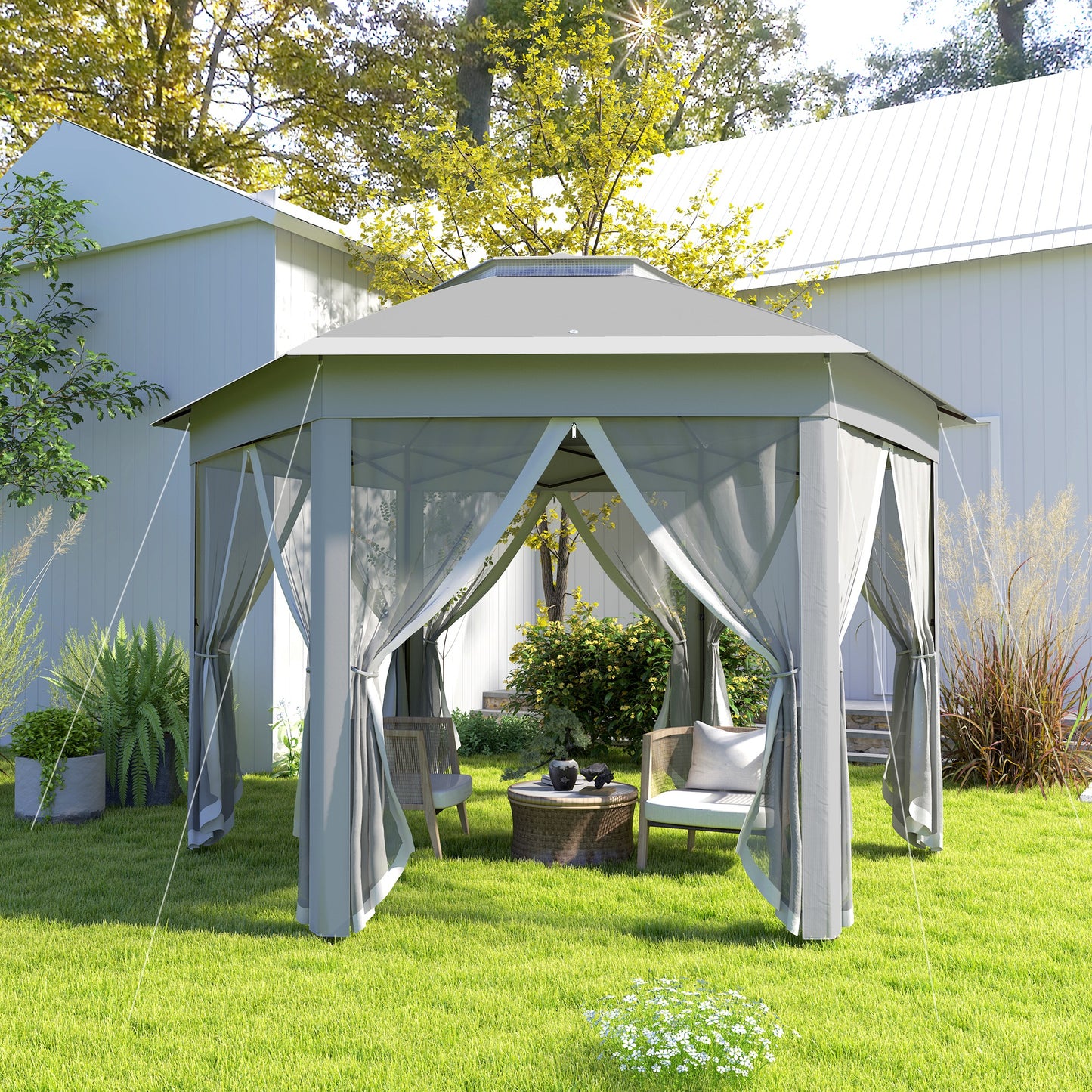 Outsunny 3x4m Garden Gazebo Pop Up Tent With Netting Double Roof Instant Shelter For Outdoor Patio
