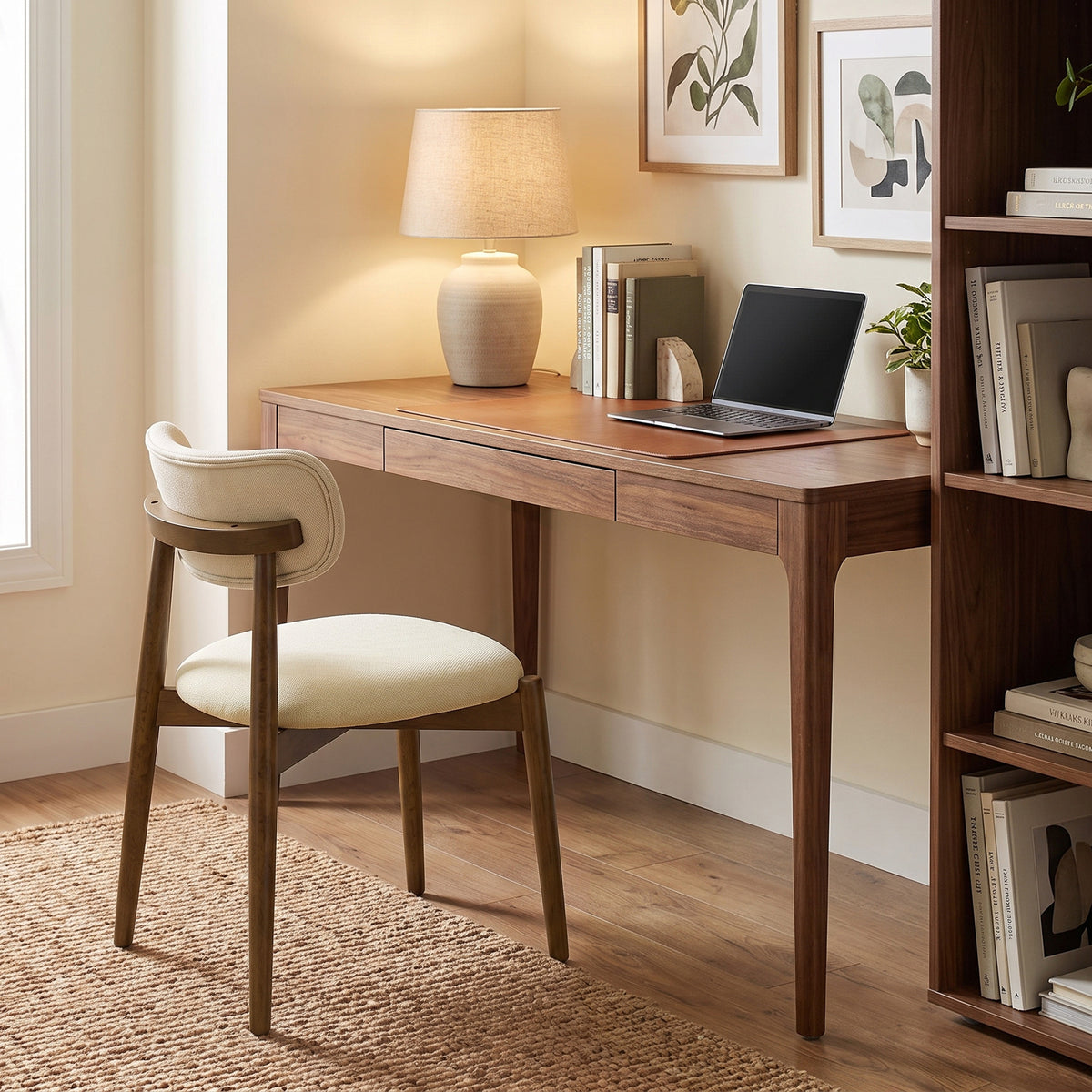 Beige chenille dining chair with curved back, cushioned seat, and dark wood legs