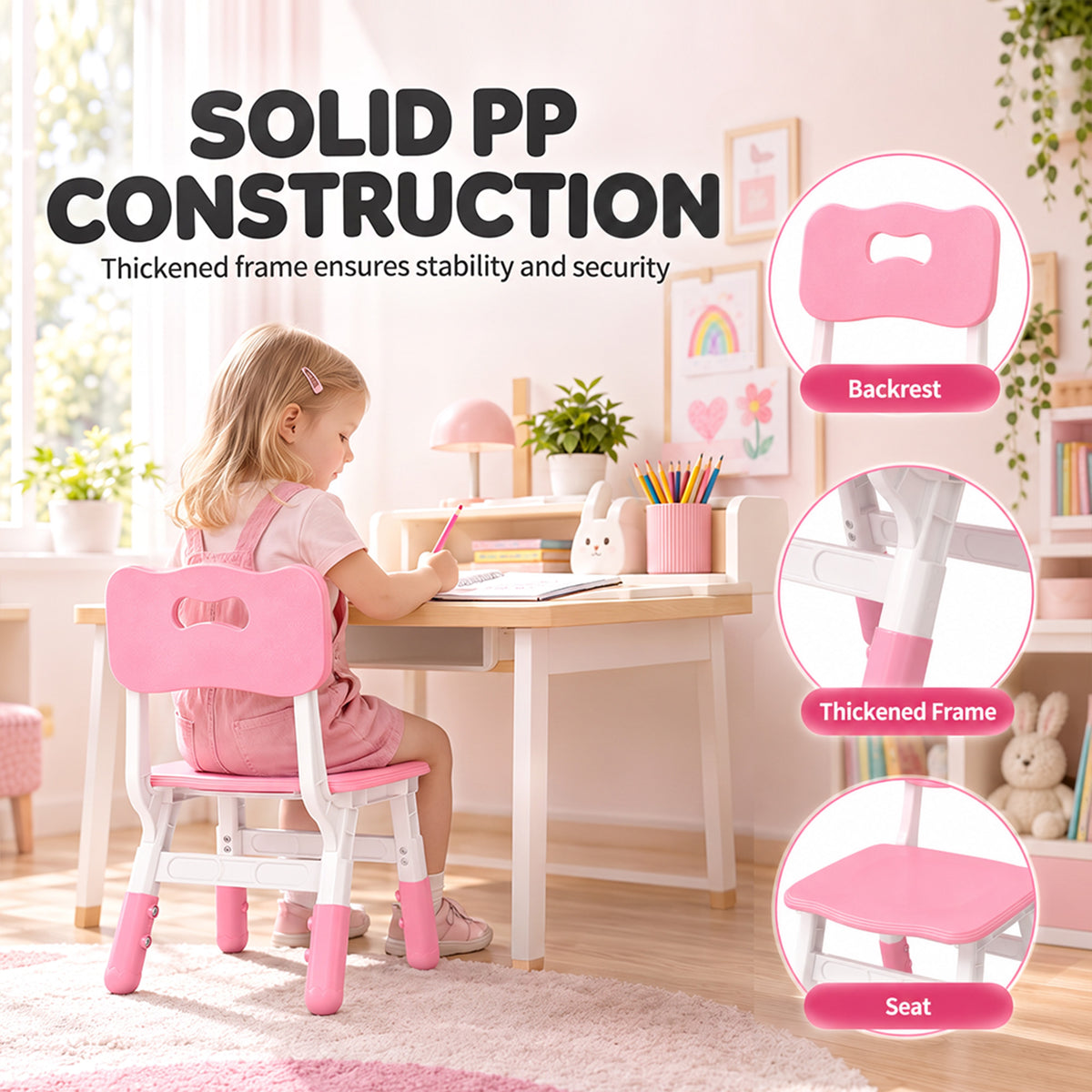 Set of 2 kids chairs in pink with molded backrest, thickened frame, height-adjustable seat.