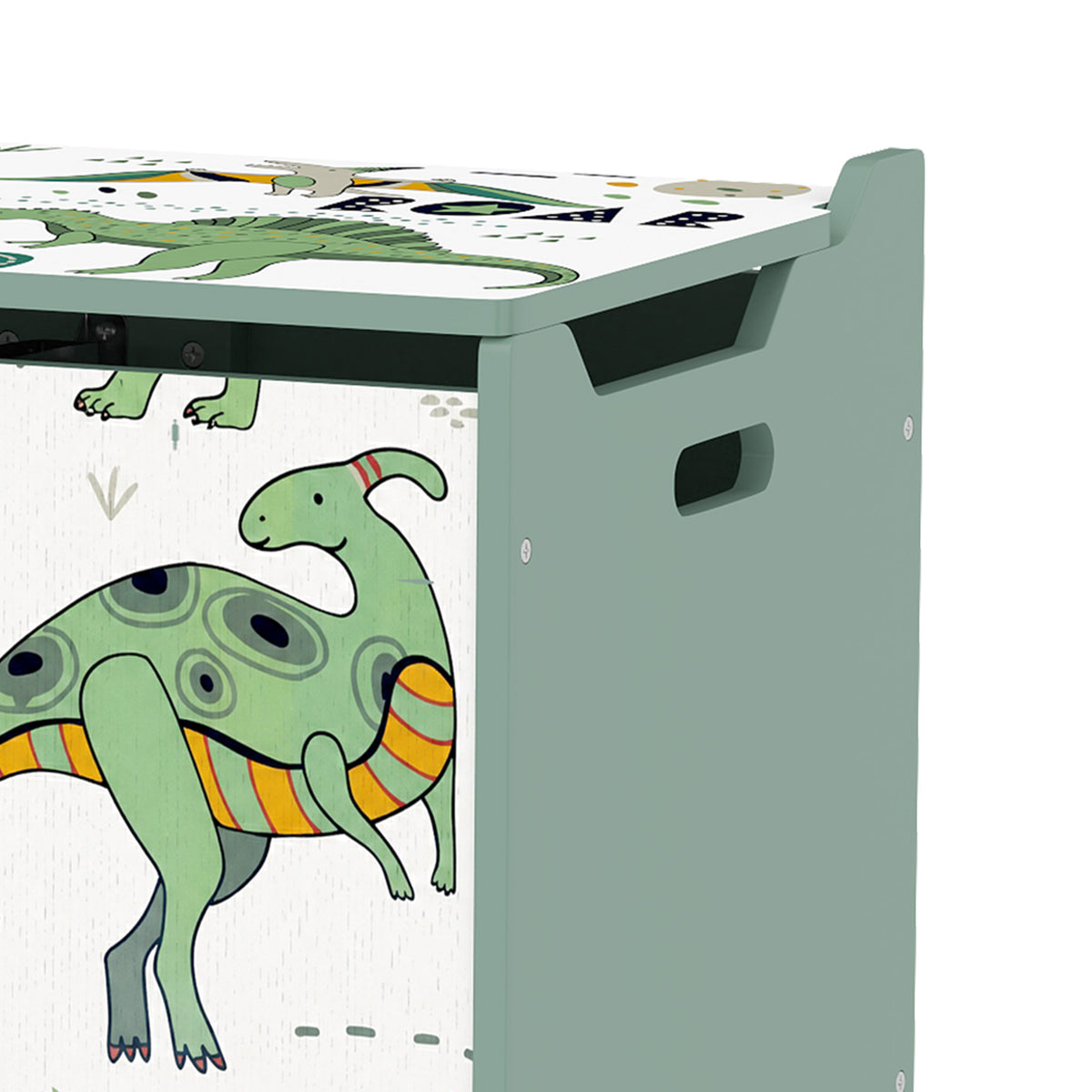 Green wooden toy storage chest side view with hinged lid and dinosaur panel