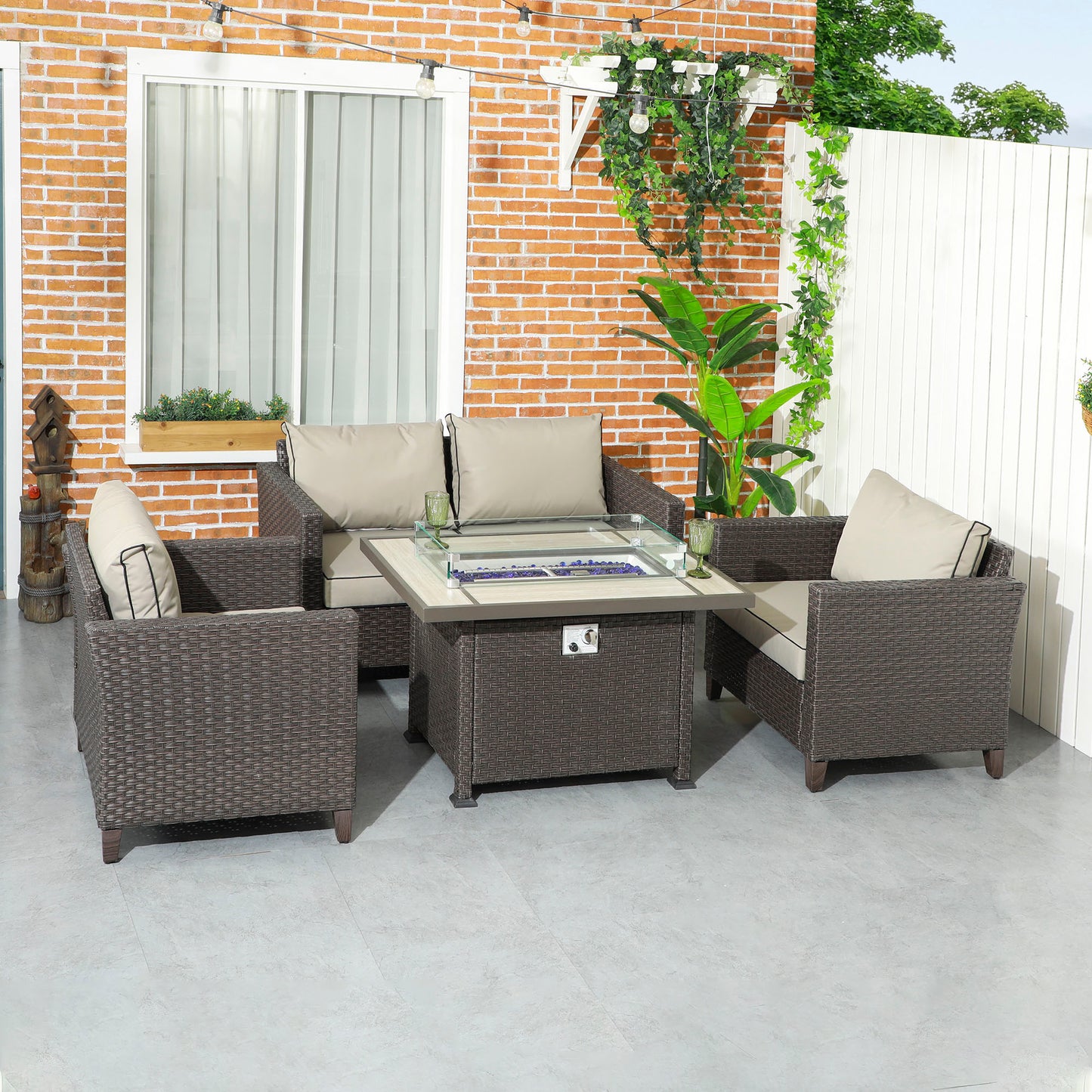 Outsunny 5-Piece Deep Brown Rattan Outdoor Seating Set with Gas Fire Pit Table, Loveseat, Armchairs, Cushions, and Pillows - ALL4U RETAILER LTD