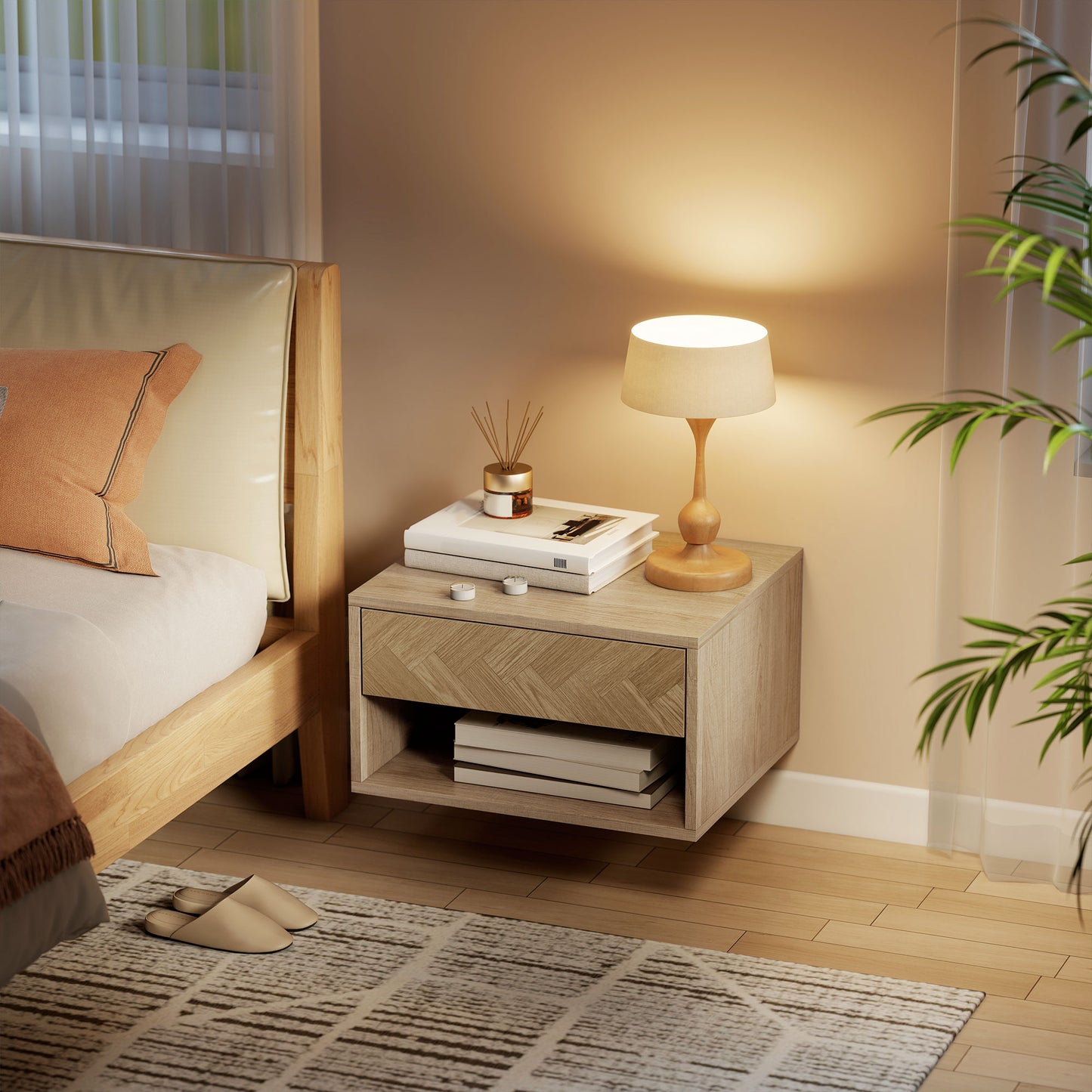 HOMCOM Floating Bedside Tables Set of Two in Natural Wood Finish with Drawer and Open Shelf