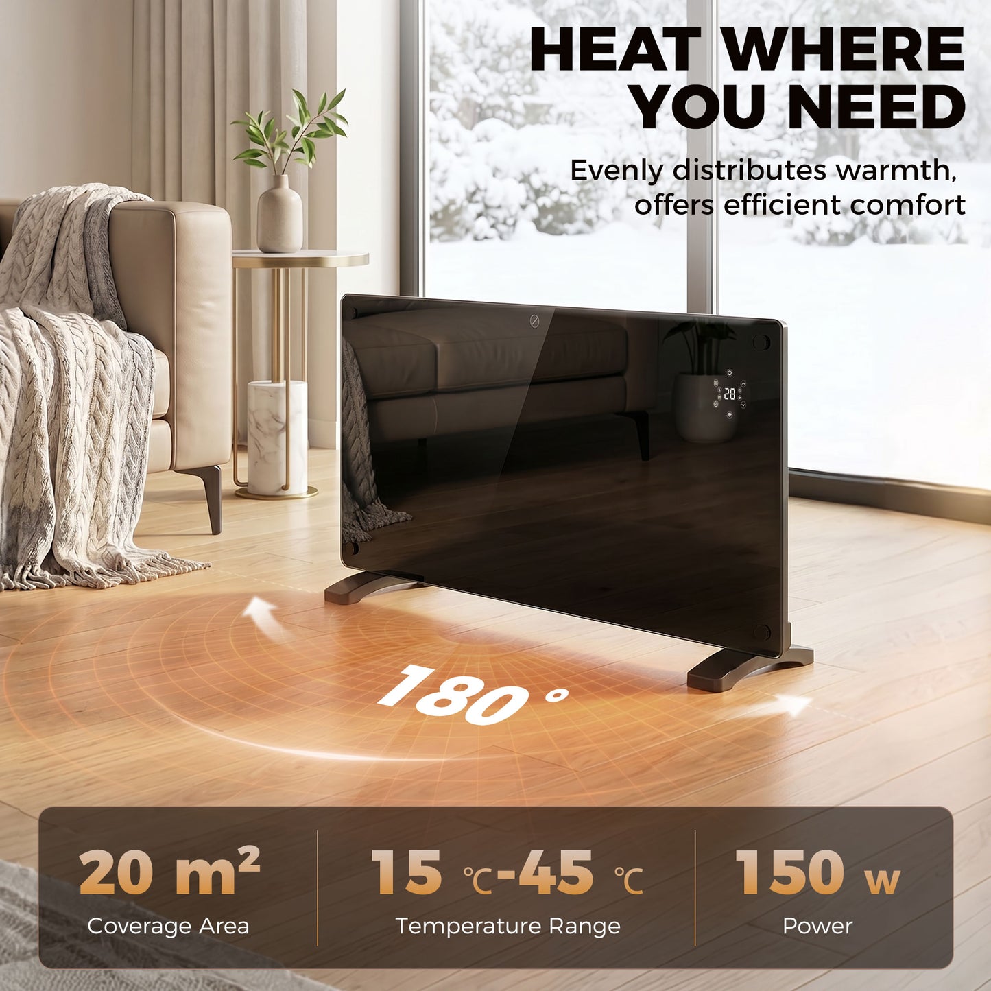 HOMCOM 1500W Smart Control Heater With TUYA App Black 5 To 35C Temperature Range Wall Mount Or Freestanding