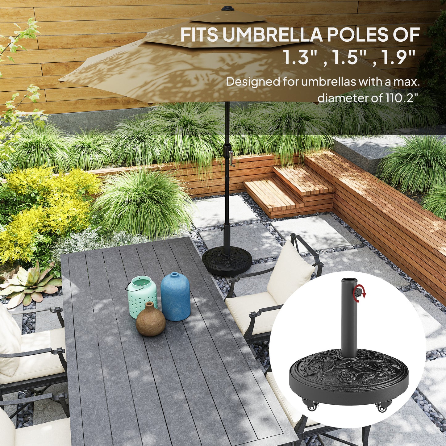 Outsunny Parasol Base With Wheels Cast Iron Effect Weather Resistant Black For Umbrella Canopy Patio Garden