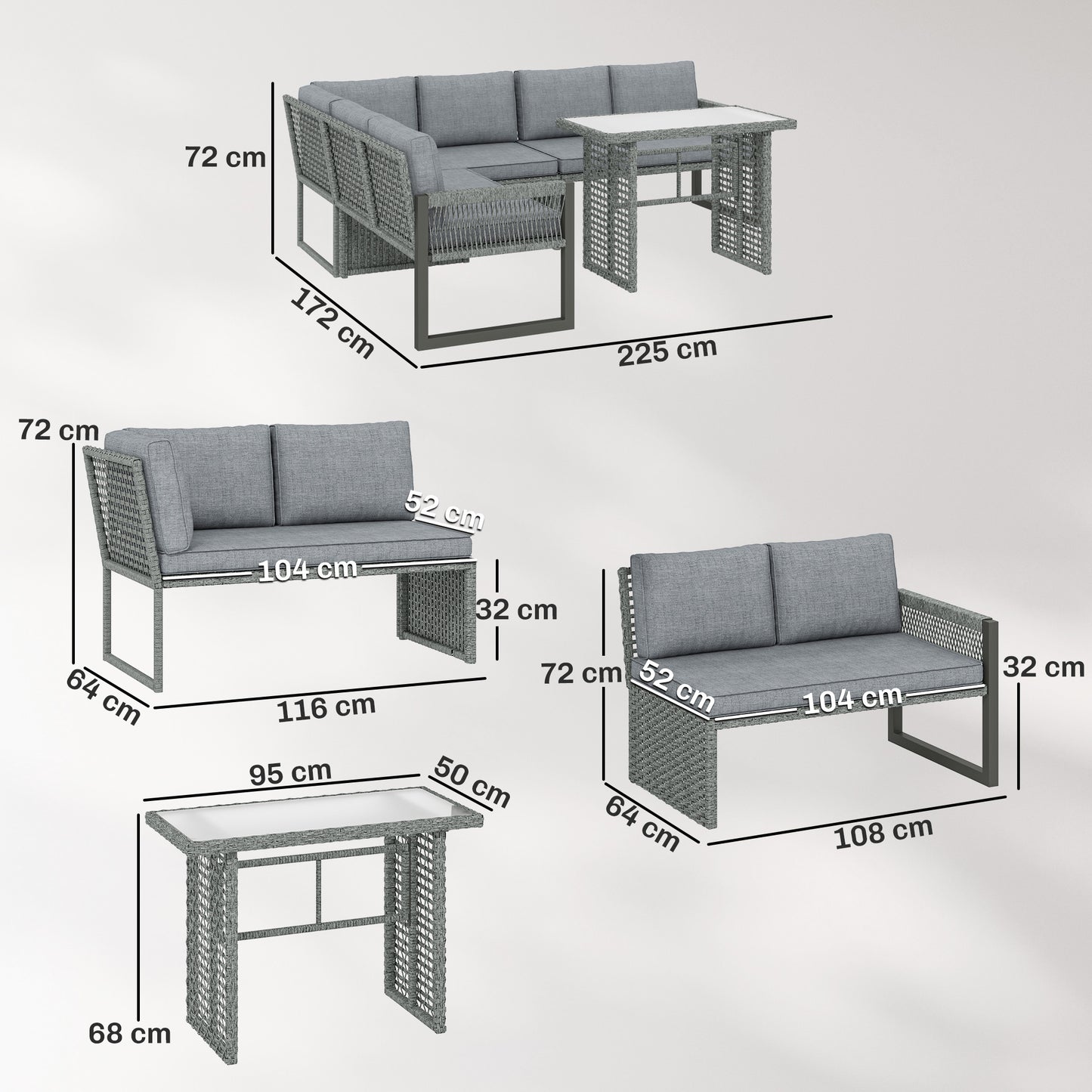 Outsunny 6 Seater Rattan Garden Furniture Corner Set With 3 Loveseats And Table Patio Grey