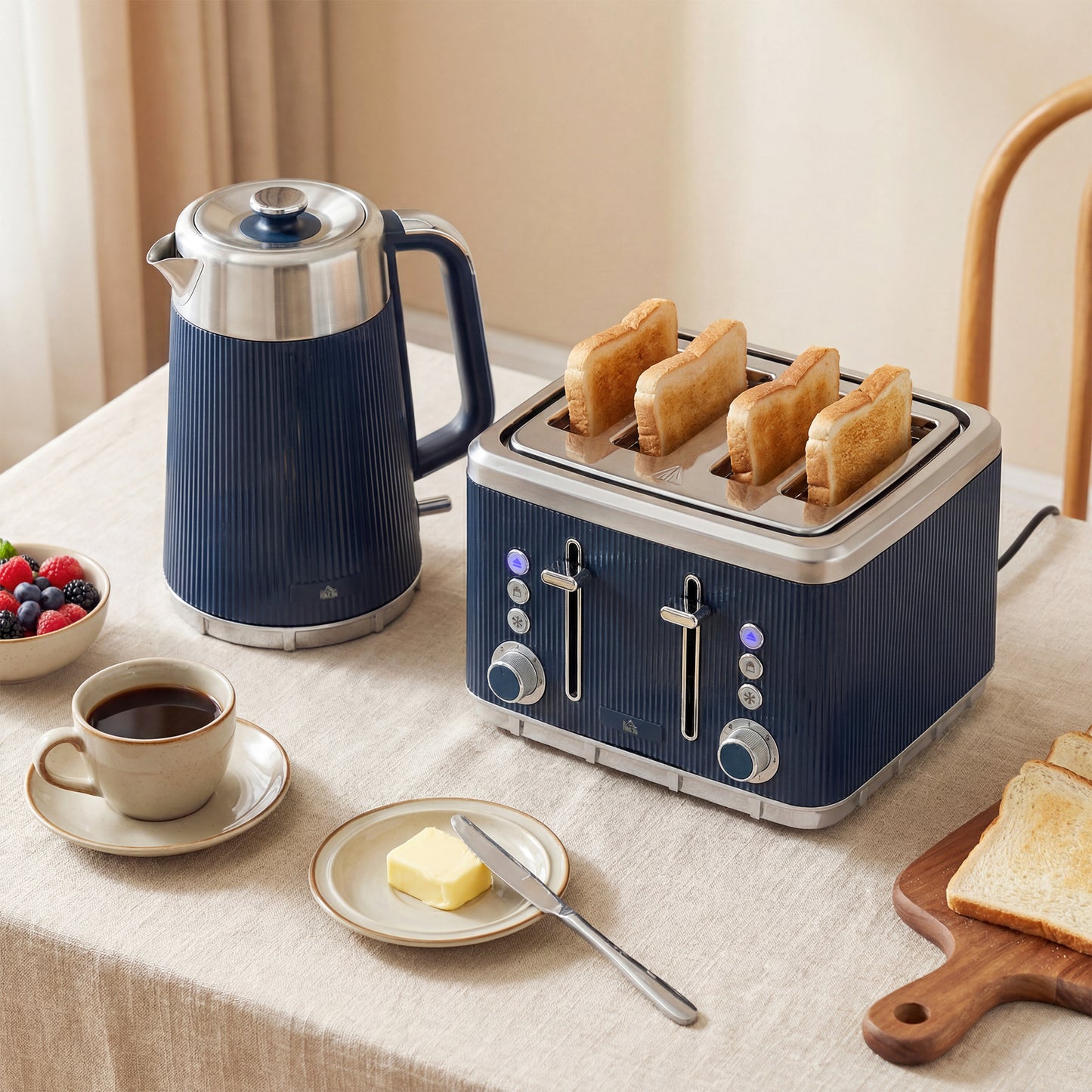 HOMCOM Stainless Steel Electric Kettle And Four Slot Toaster Set 3000W 1.7L UK Strix Thermostat Dark Blue
