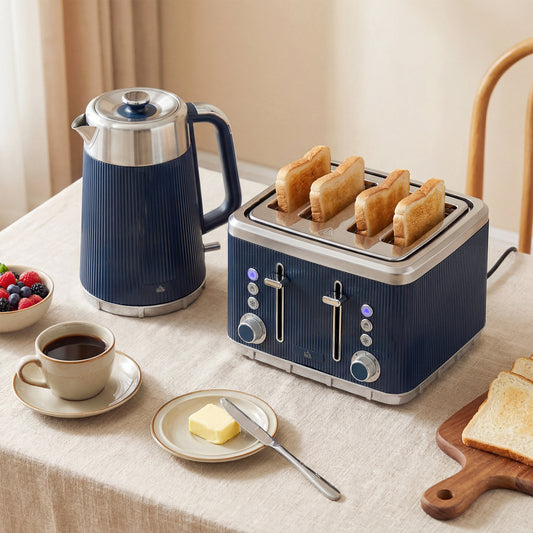 HOMCOM Stainless Steel Electric Kettle And Four Slot Toaster Set 3000W 1.7L UK Strix Thermostat Dark Blue