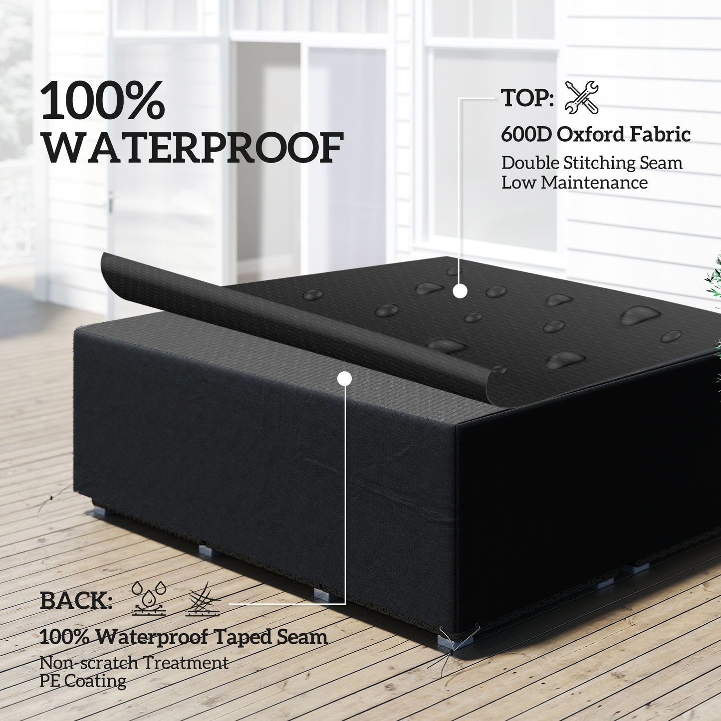 Outsunny 600D Oxford Outdoor Sofa Set Cover Waterproof UV Protection Rattan Lounger Cover 225L X 210W X 70H cm Black