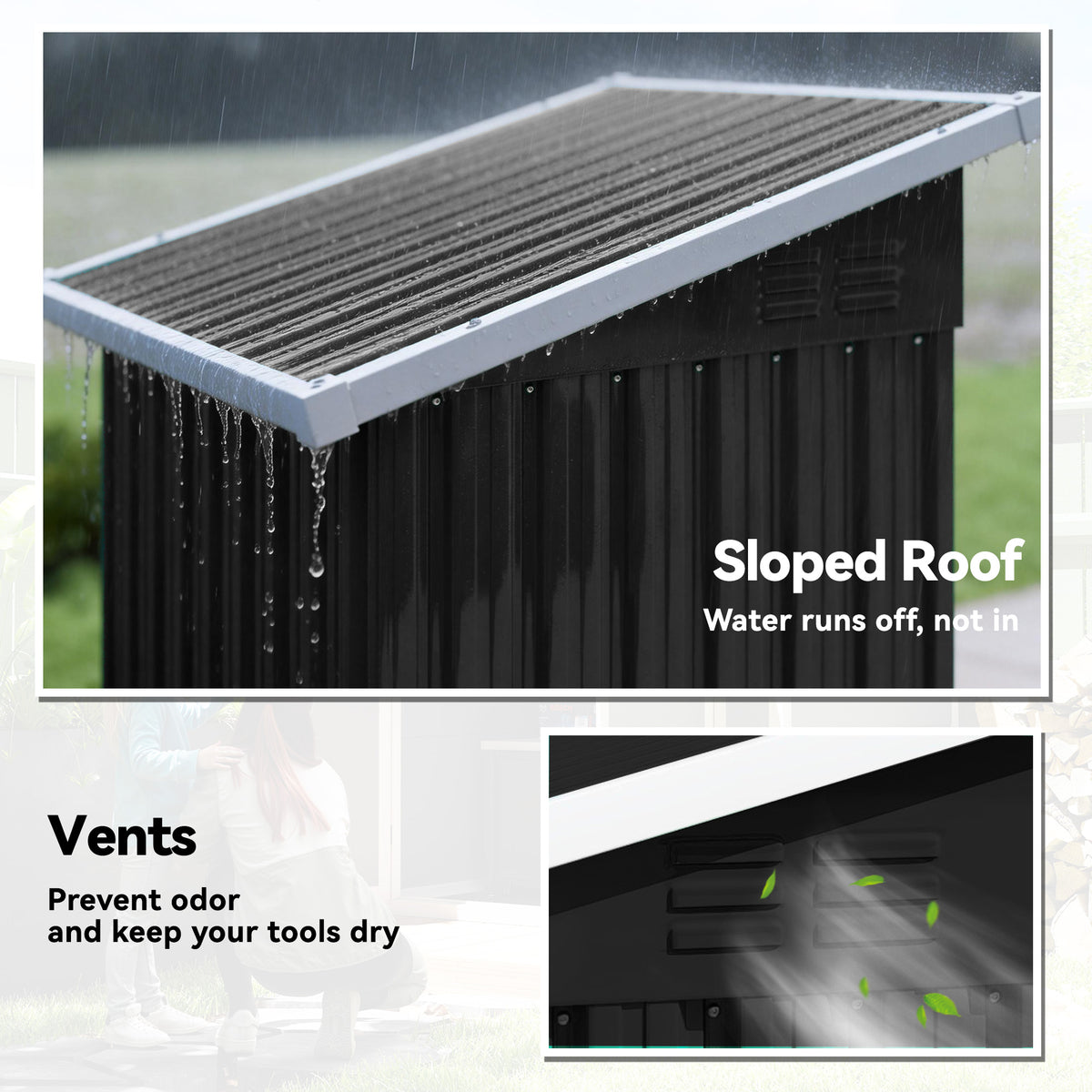 Sloped metal roof and vented design on outdoor storage shed for water runoff