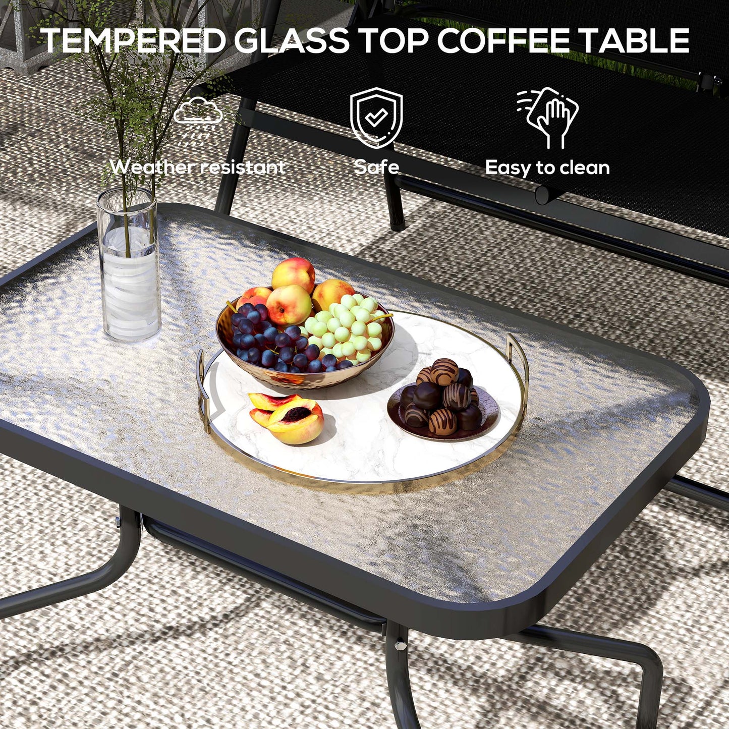 Outsunny Four Piece Outdoor Metal Garden Sofa Set With Tempered Glass Coffee Table Black