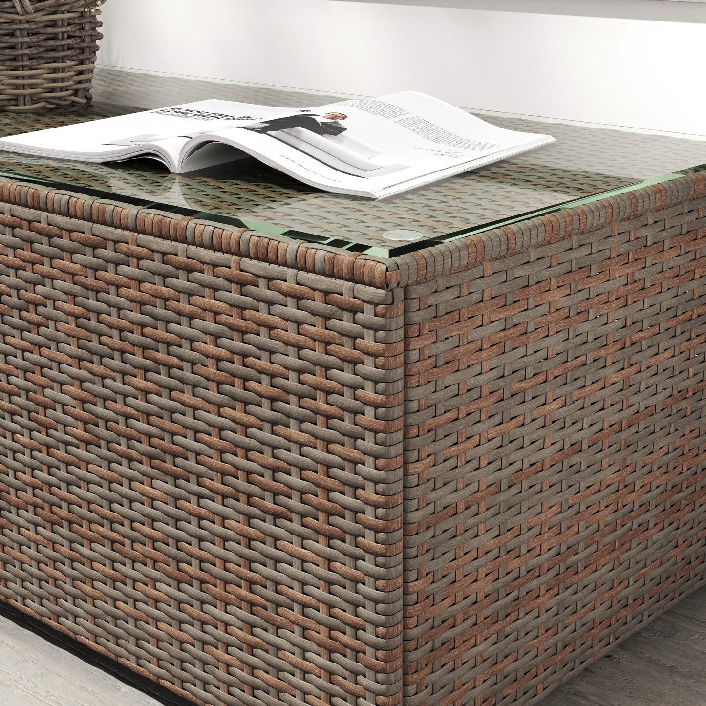 Outsunny 90 By 50 Cm Tempered Glass Top Rattan Side Table Brown Garden Outdoor Patio Furniture
