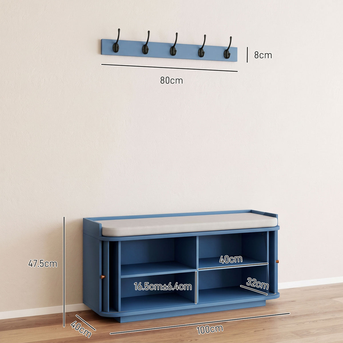 HOMCOM Hallway Storage Unit With Shoe Cabinet Bench And 5 Coat Hooks Blue