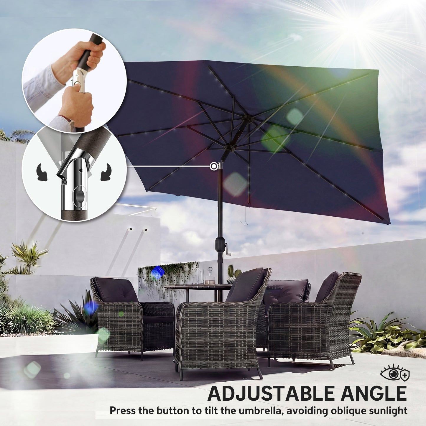 Outsunny 3 x 2 m Garden Parasol With LED Solar Lights Outdoor Market Patio Umbrella Navy Blue