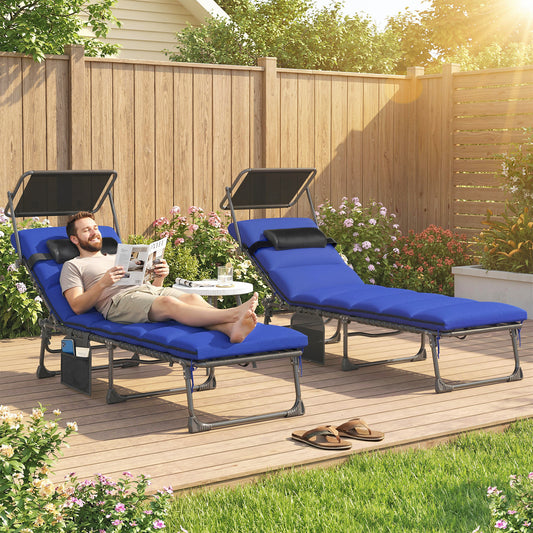 Outsunny Folding Sun Loungers Set Of 2 With Canopy Reclining Sunbed With Cushion Side Pocket Carrying Handle Dark Blue