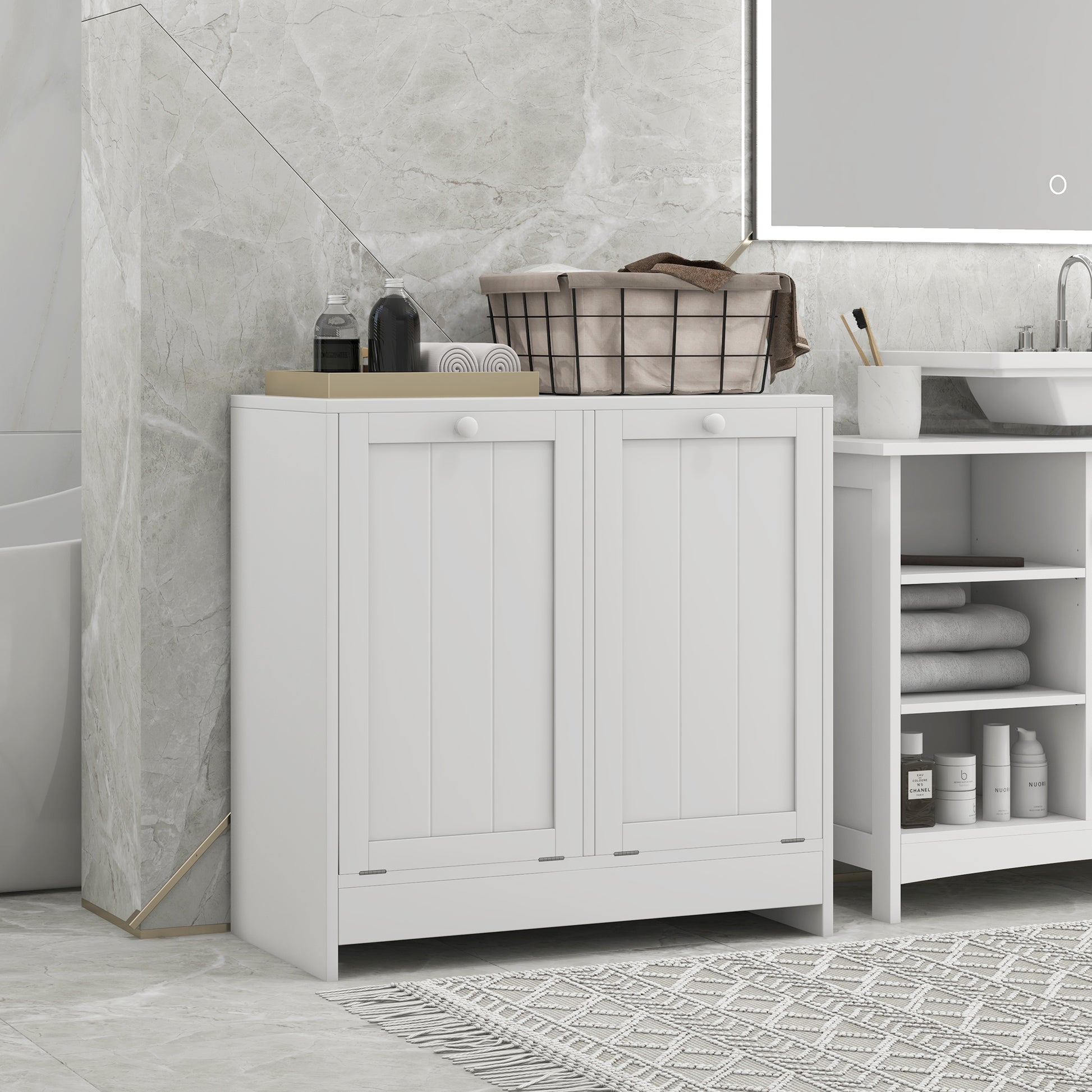 HOMCOM Modern White Tilt-Out Laundry Cabinet with Dual Compartments for Bathroom Storage - ALL4U RETAILER LTD