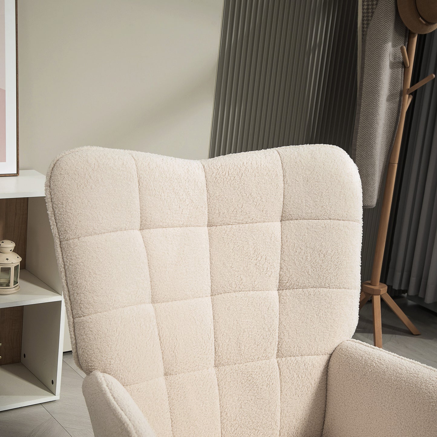 HOMCOM Modern Accent Chair Upholstered High Back Armchair Tufted Wingback Teddy Fleece Wood Legs Cream White
