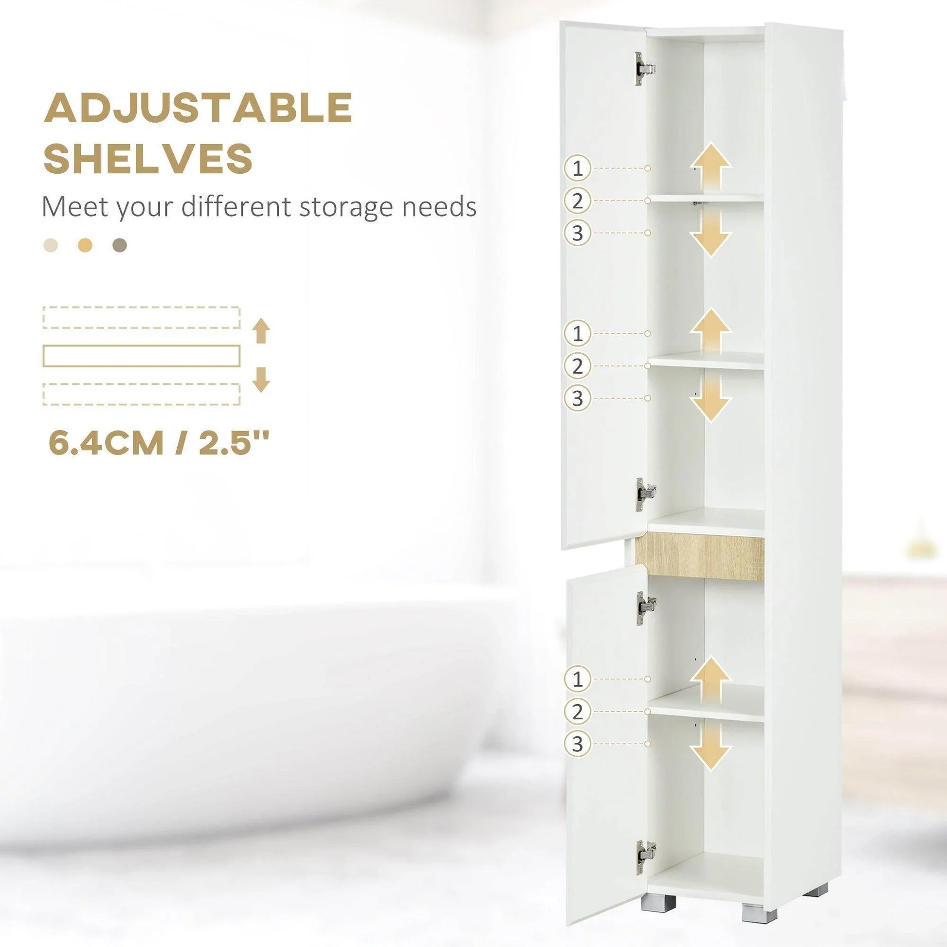 Kleankin Adjustable Shelves Tall Bathroom Cabinet - White - ALL4U RETAILER LTD