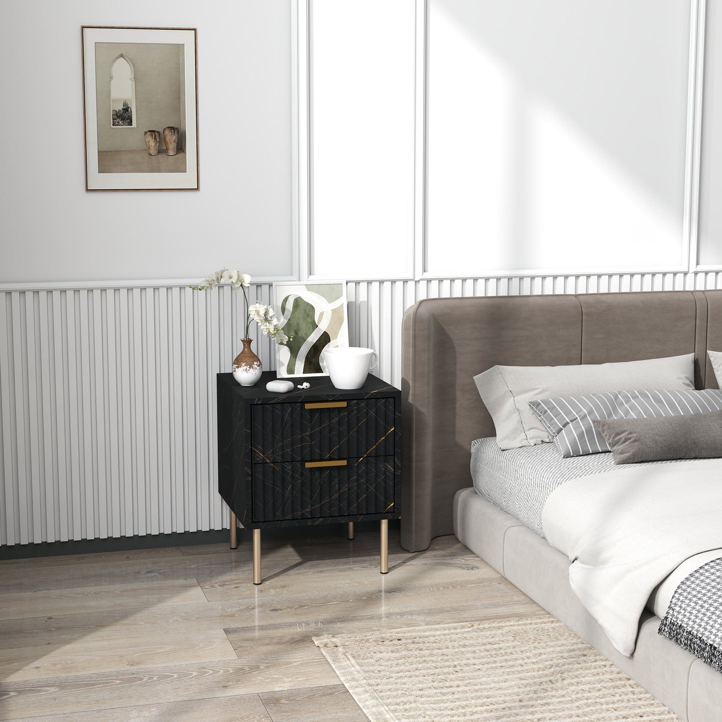 Homcom Elegant Two Drawer Bedside Table Black Marble Pattern With Fluted Drawers And Gold Accents