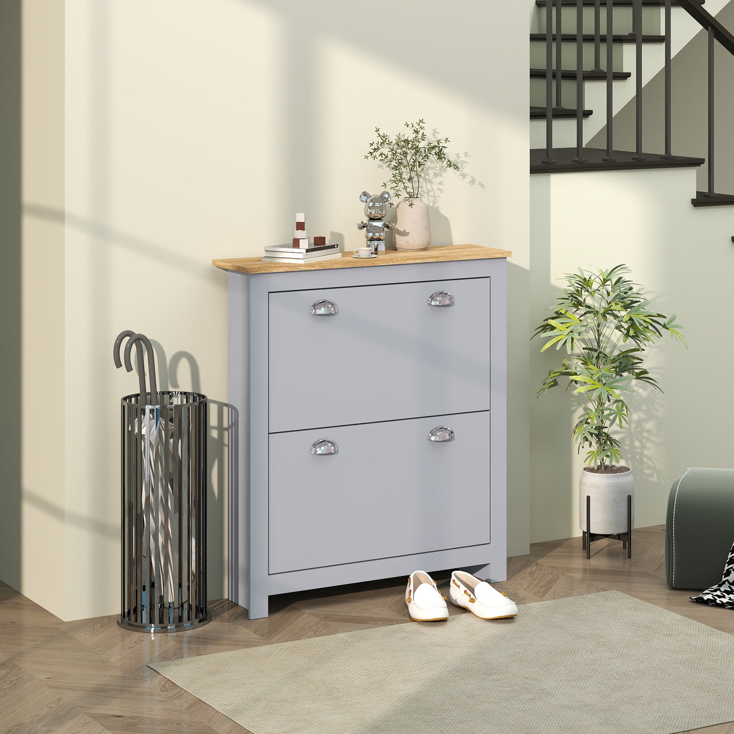 HOMCOM 2 Drawer Shoe Cabinet Narrow Modern Hallway Shoe Storage Cupboard With Flip Doors And Adjustable Shelves Grey
