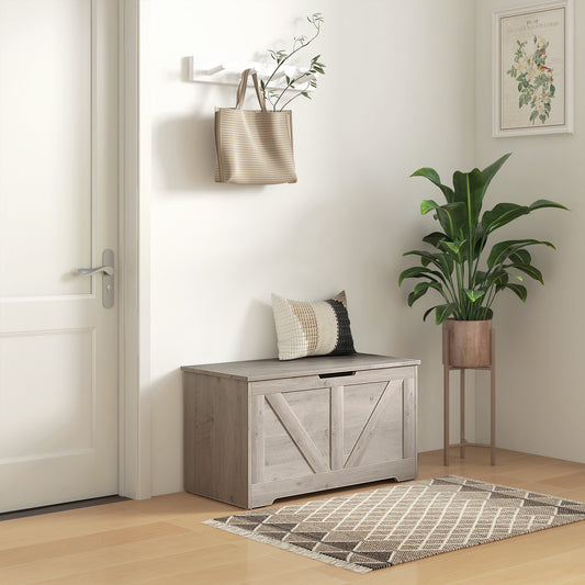 HOMCOM 100L Grey Wood Effect Storage Ottoman With Safety Hinges And Flat Lid Perfect For Blankets And Cushions