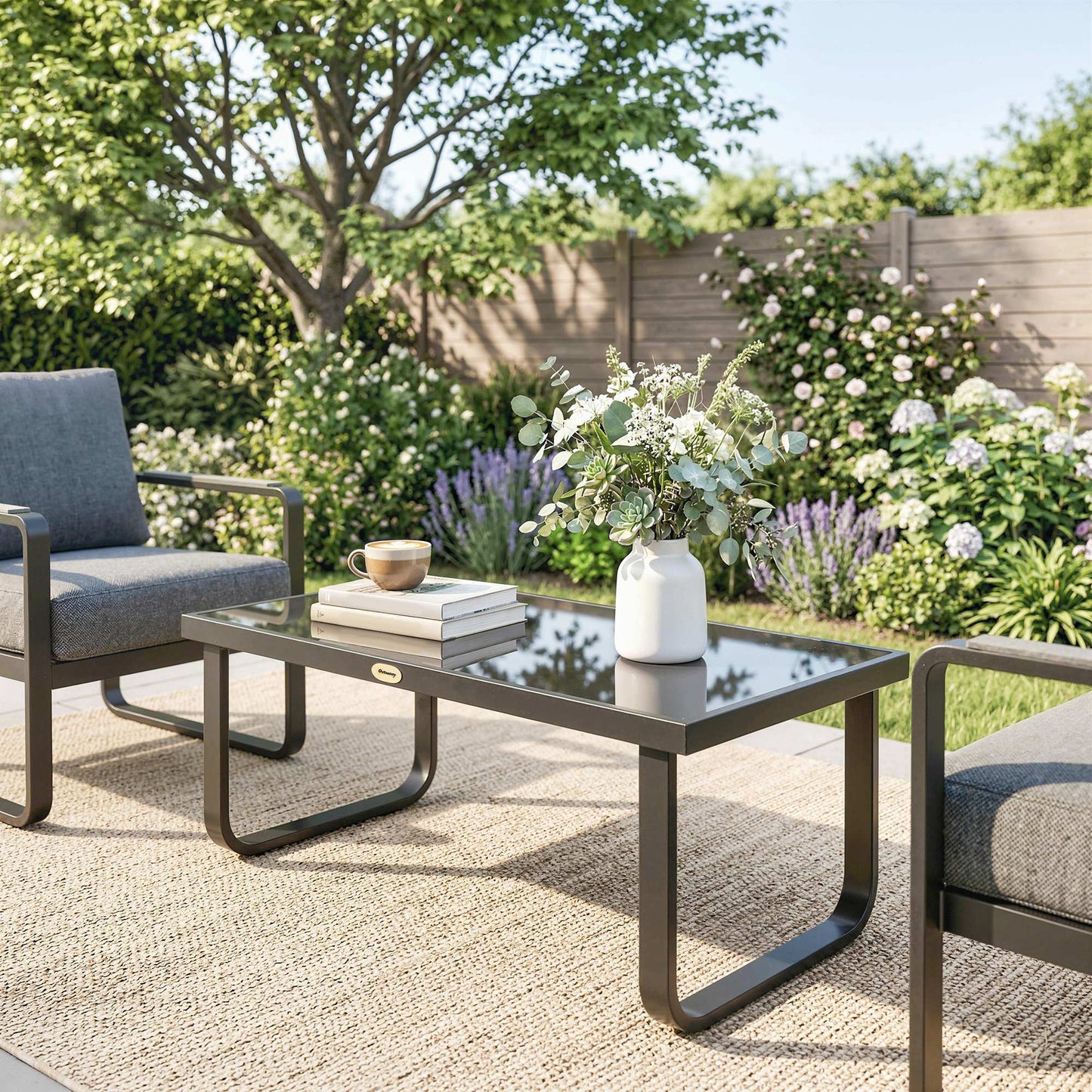 Outsunny Outdoor Garden Coffee Table With Rectangular Metal Frame Tempered Glass Top And Adjustable Foot Pads