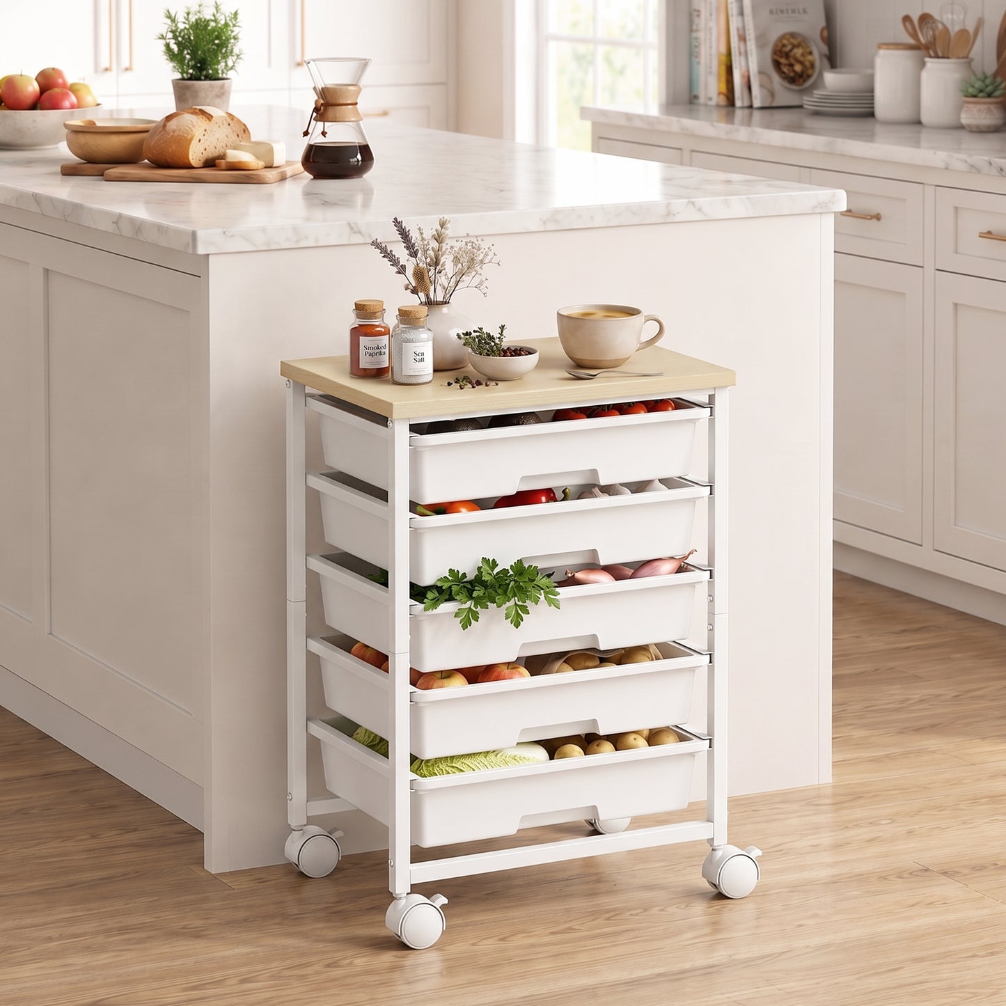 HOMCOM 6 Tier Storage Trolley On Wheels With 5 Drawers