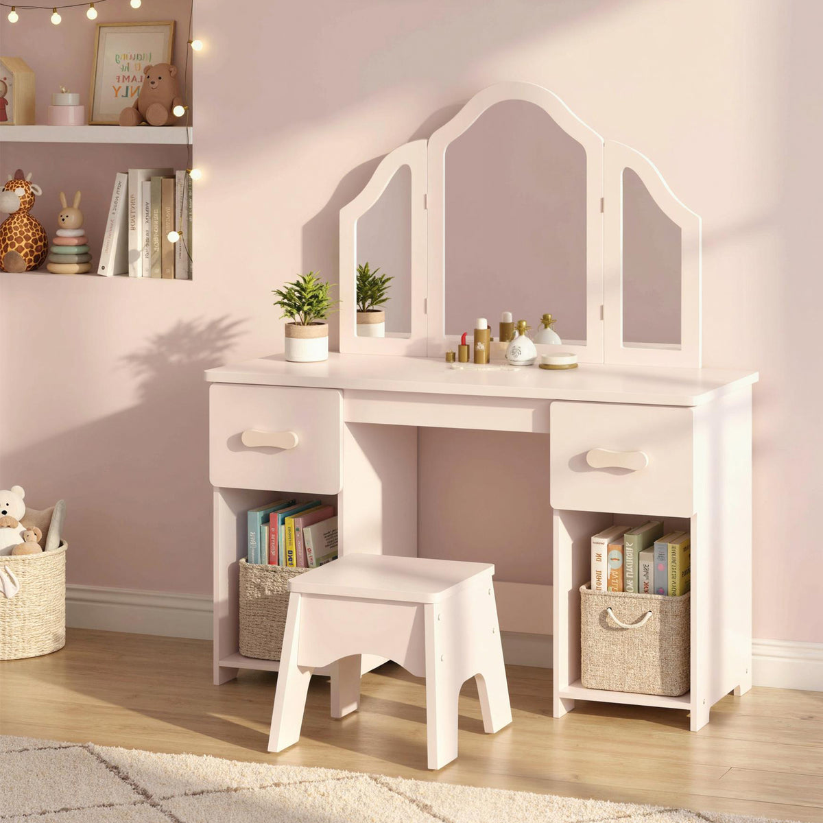 Kids white vanity table set with tri-fold mirror and drawers, with matching stool