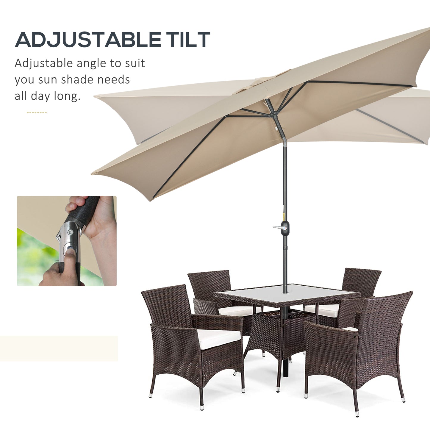 Outsunny 3x2m Garden Parasol Umbrella With Aluminium Pole Tilt Crank Rectangular Outdoor Table Shade For Patio Khaki