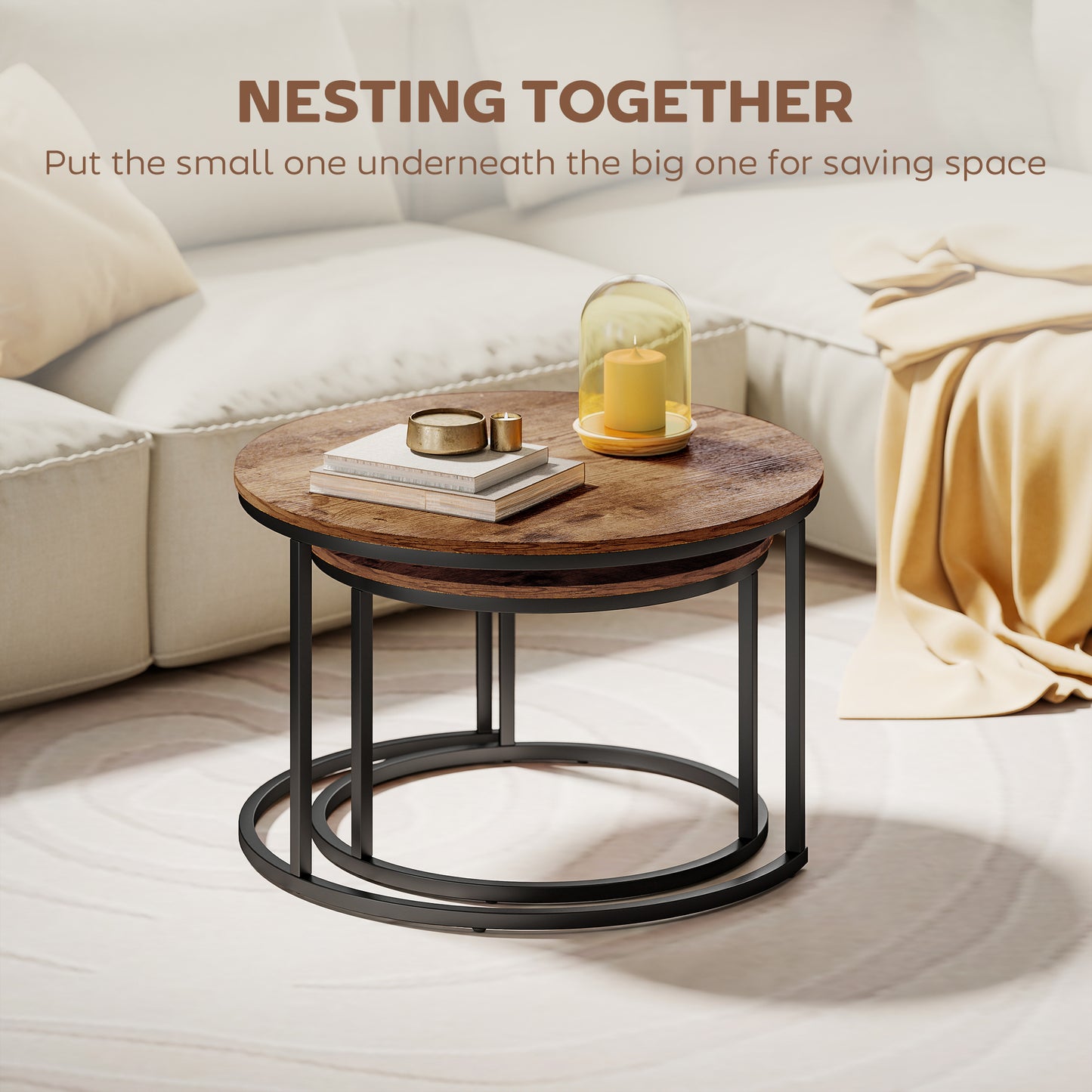 HOMCOM Coffee Table Set of 2 Round Nesting Tables with Metal Frame Rustic Brown Modern Living Room Side Tables