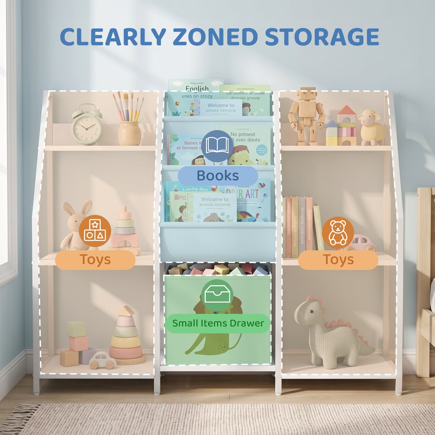AIYAPLAY Kids Bookshelf And Toy Storage With 3 Tier Sling Book Rack And Fabric Drawer For Nursery Bedroom Playroom White