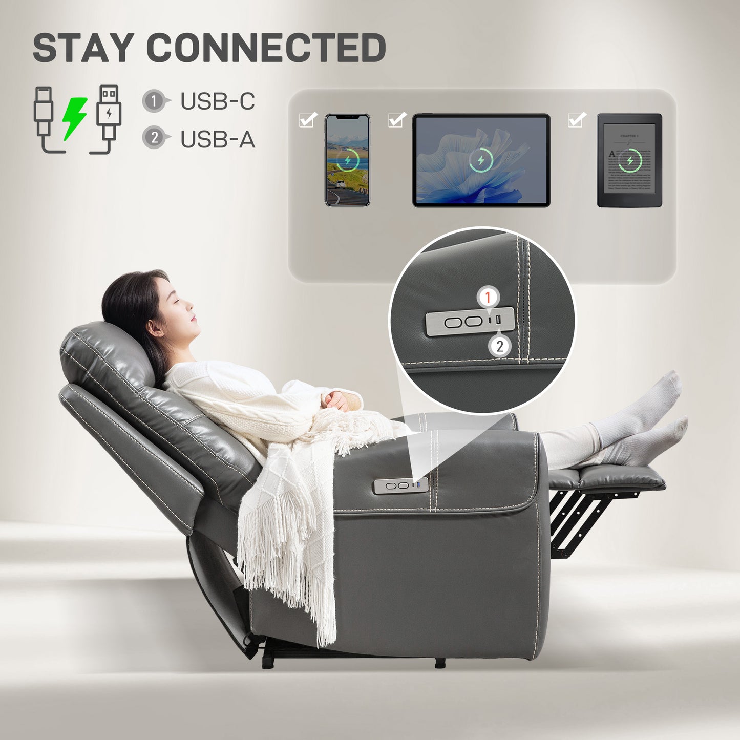 HOMCOM Power Lift Recliner Chair For Elderly With Overstuffed Faux Leather USB A C Ports Charcoal Grey