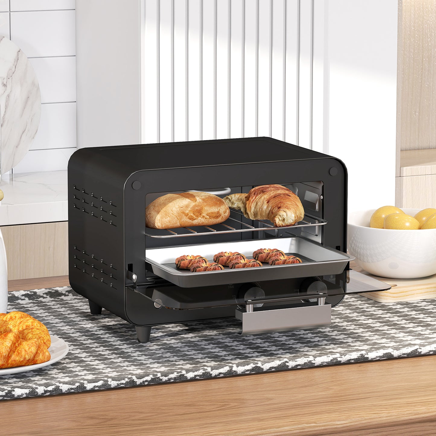 HOMCOM 12L Multifunction Mini Countertop Toaster Oven With Glass Door Adjustable Temperature And Timer Black