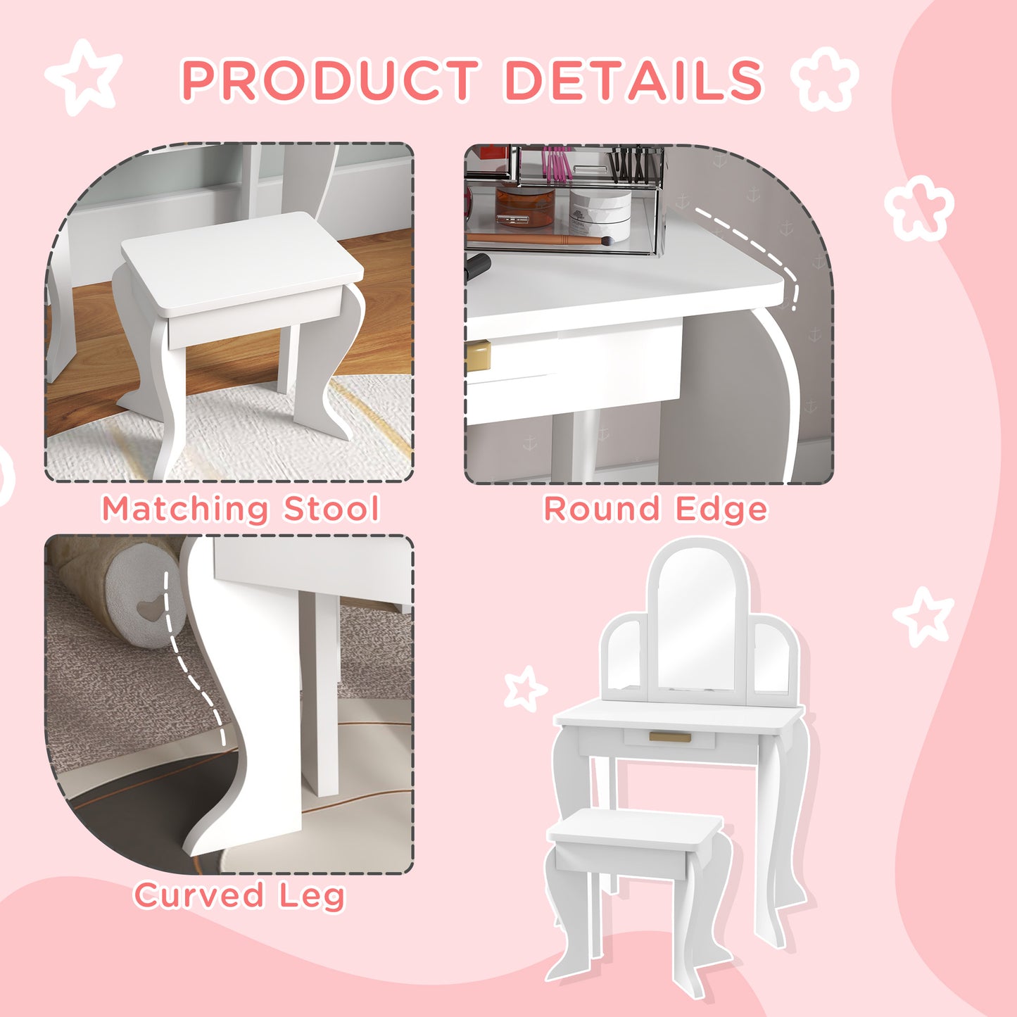 HOMCOM Kids Dressing Table Set With Mirror And Drawer White Vanity Desk for Girls
