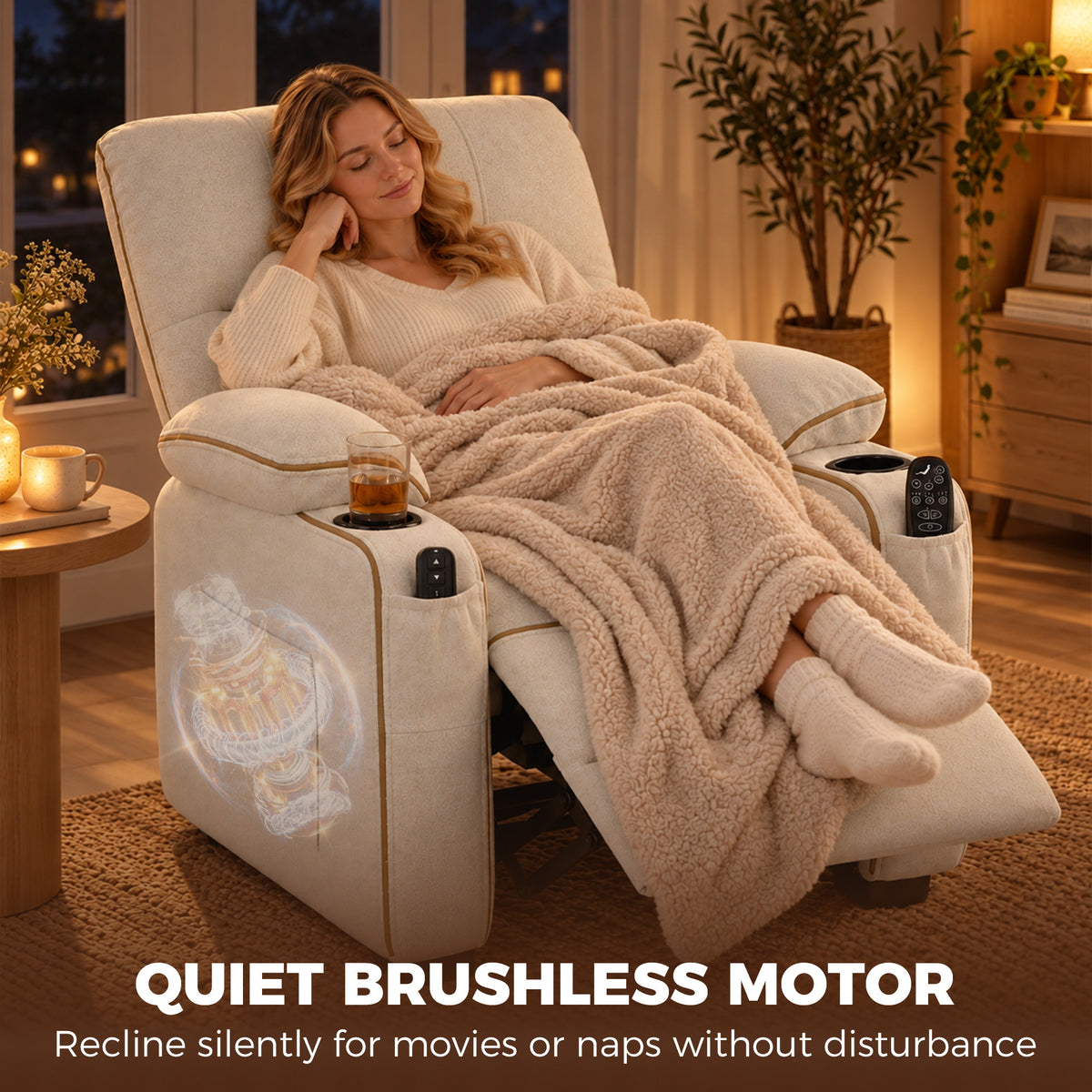Beige recliner chair with leg rest extended and side control remotes