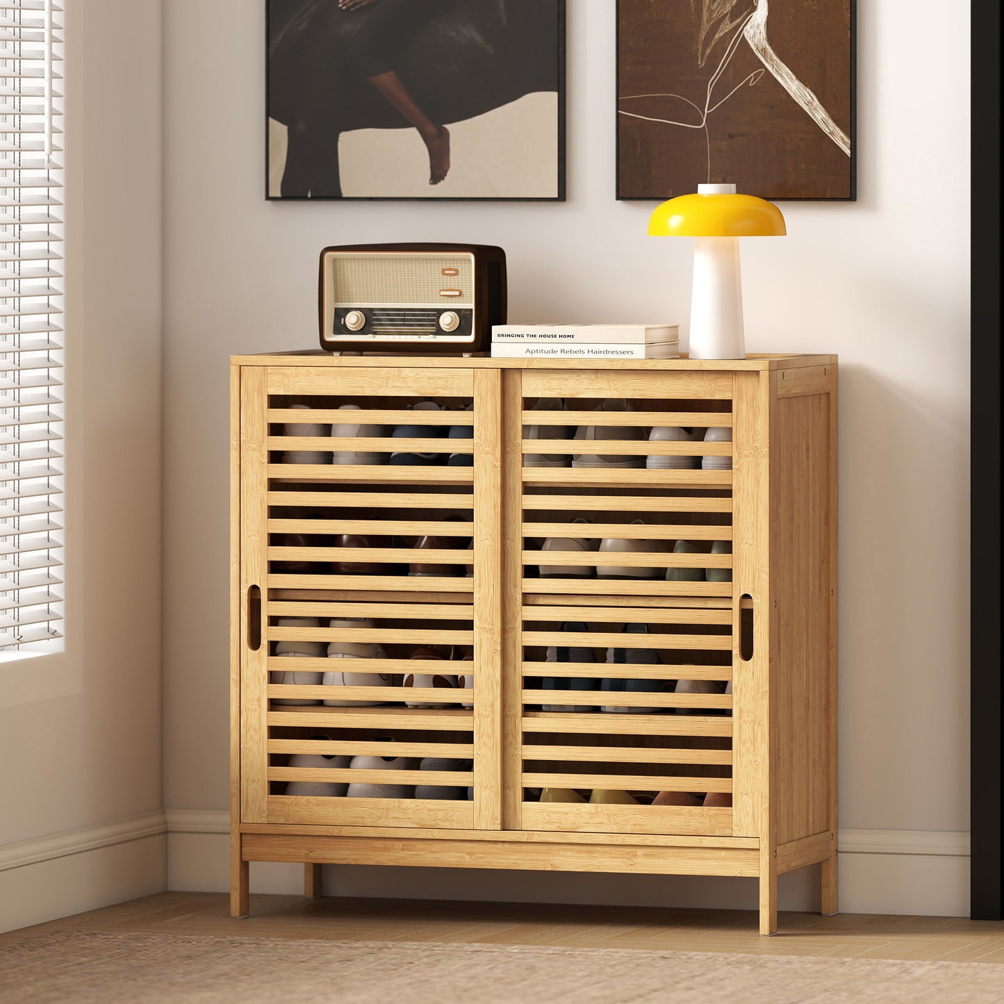 Homcom Bamboo Shoe Cabinet With Two Sliding Slat Doors And Adjustable Shelves For 16 Pairs Natural Finish
