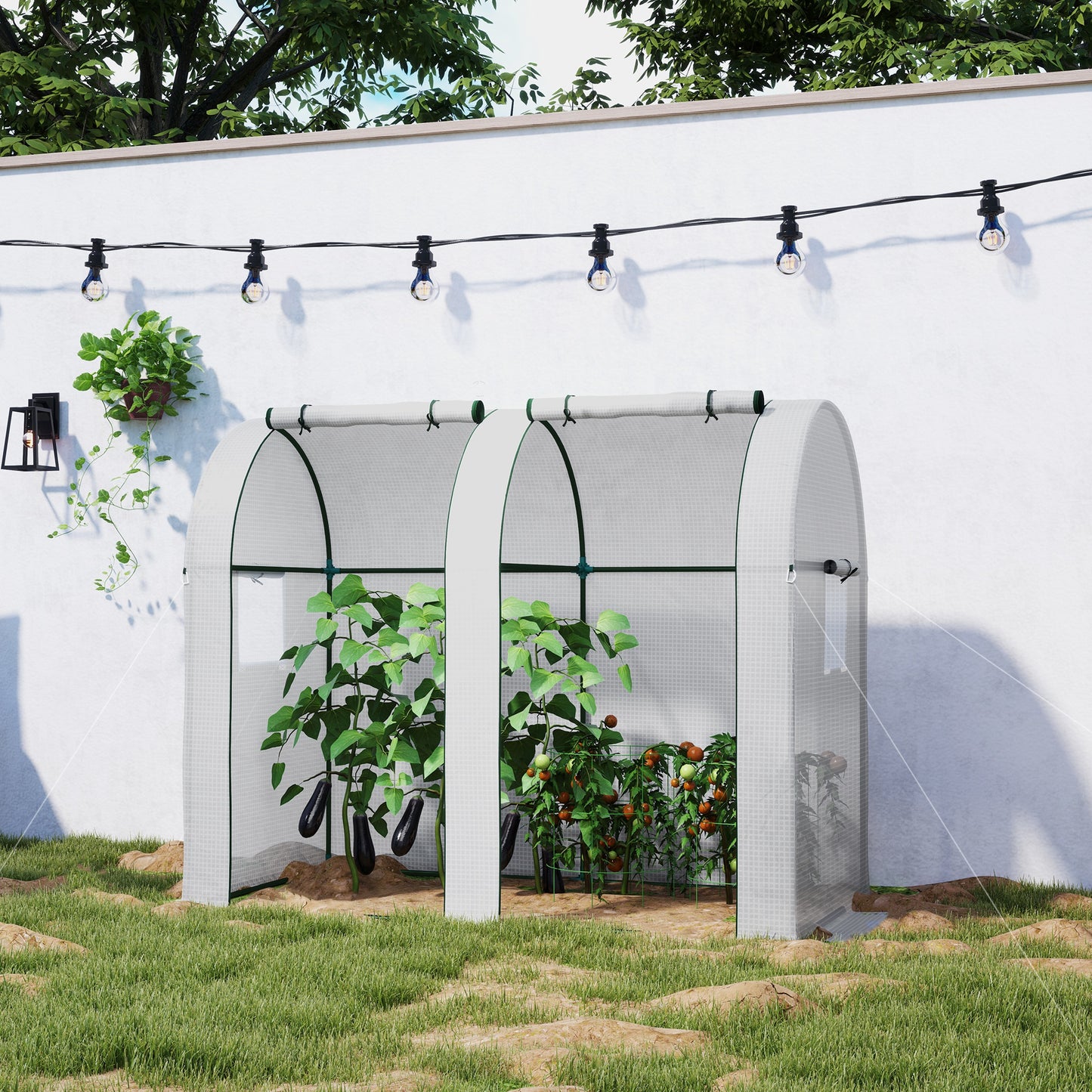 Outsunny 94 x 185 cm Mini Two Room Greenhouse White Steel Frame Garden Grow House With Ground Stakes And Guy Ropes