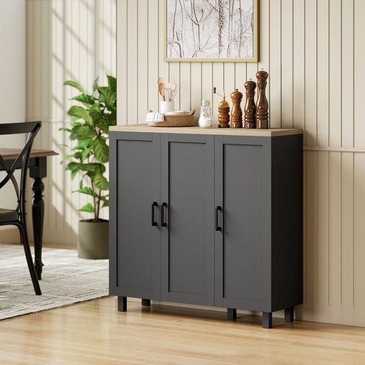 Black 3-door sideboard buffet cabinet with metal bar handles and sturdy legs.