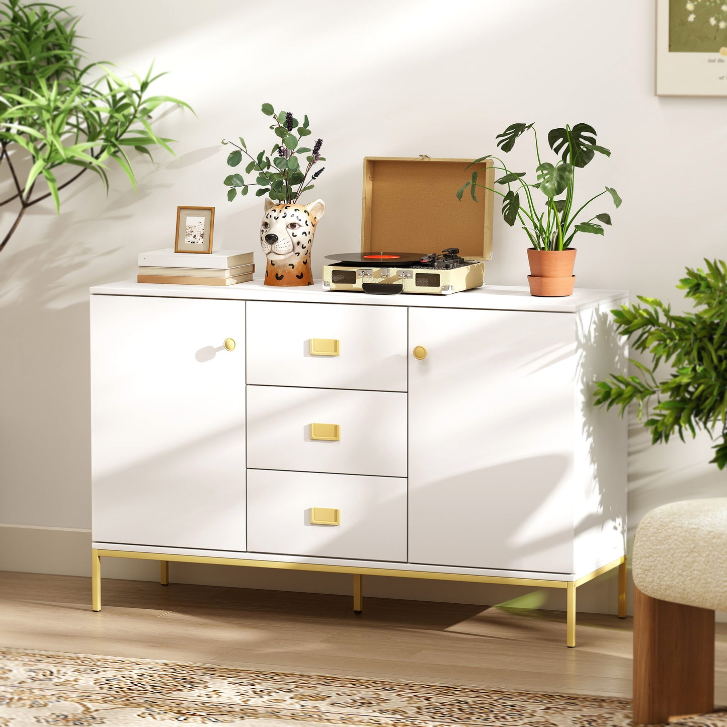 HOMCOM Modern White And Gold Sideboard With Storage Two Cupboards Three Drawers Adjustable Shelves