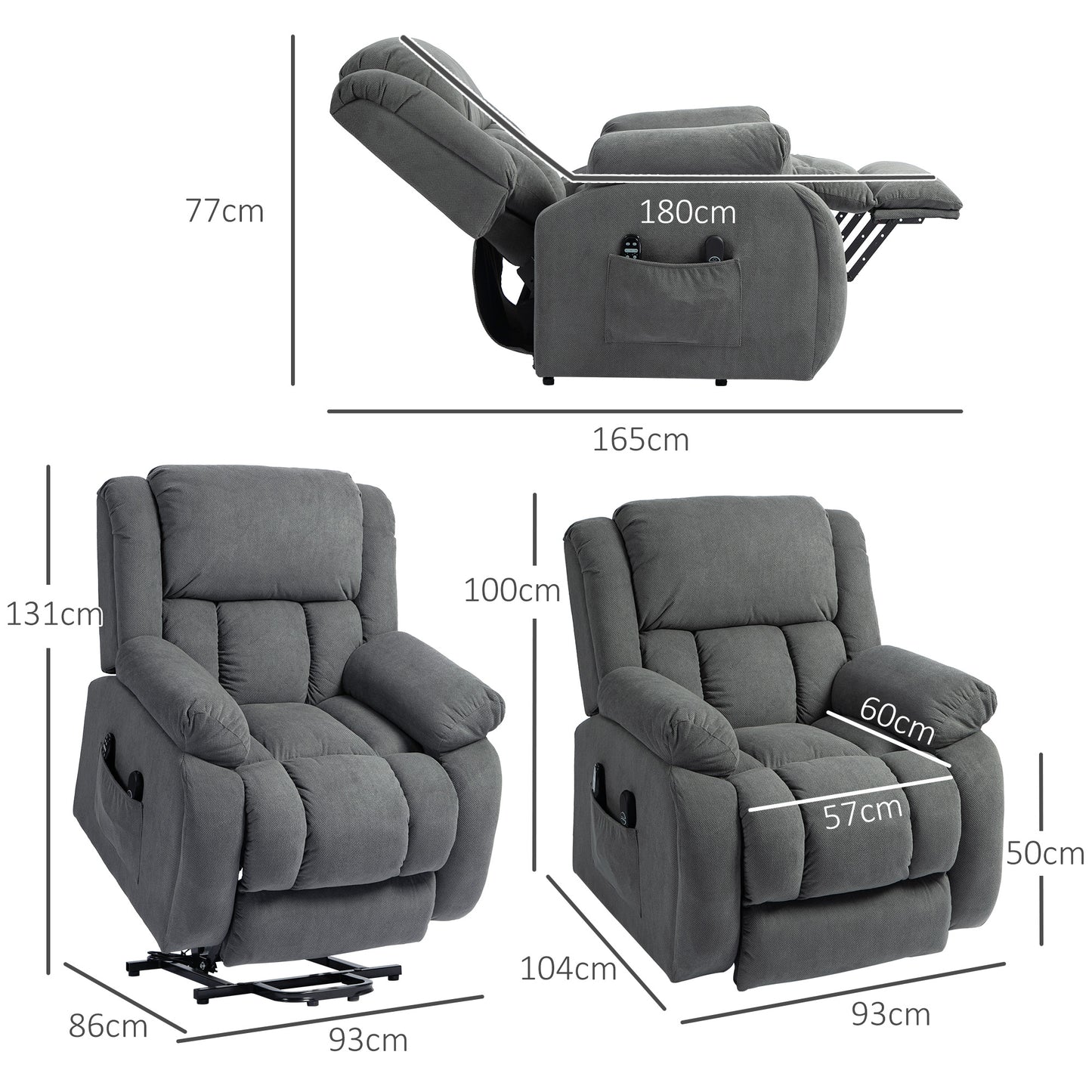 HOMCOM Electric Recliner Armchair Lift Chair With Vibration Massage And Heat USB Port Grey Wide Seat