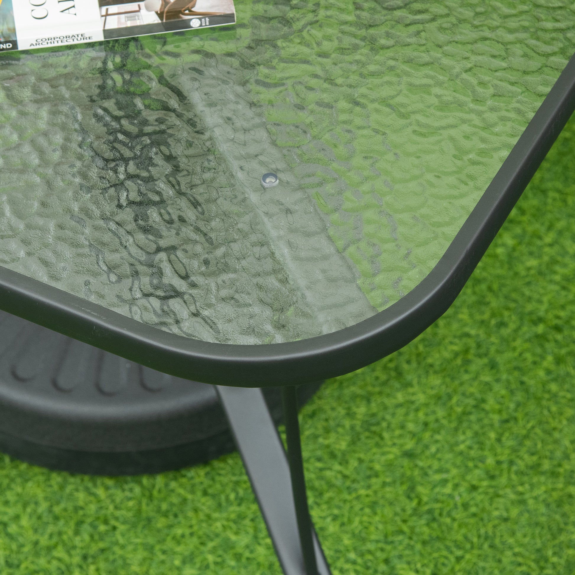 Outsunny Outdoor Square Dining Table with Glass Top and Parasol Hole, Black Steel Frame - ALL4U RETAILER LTD