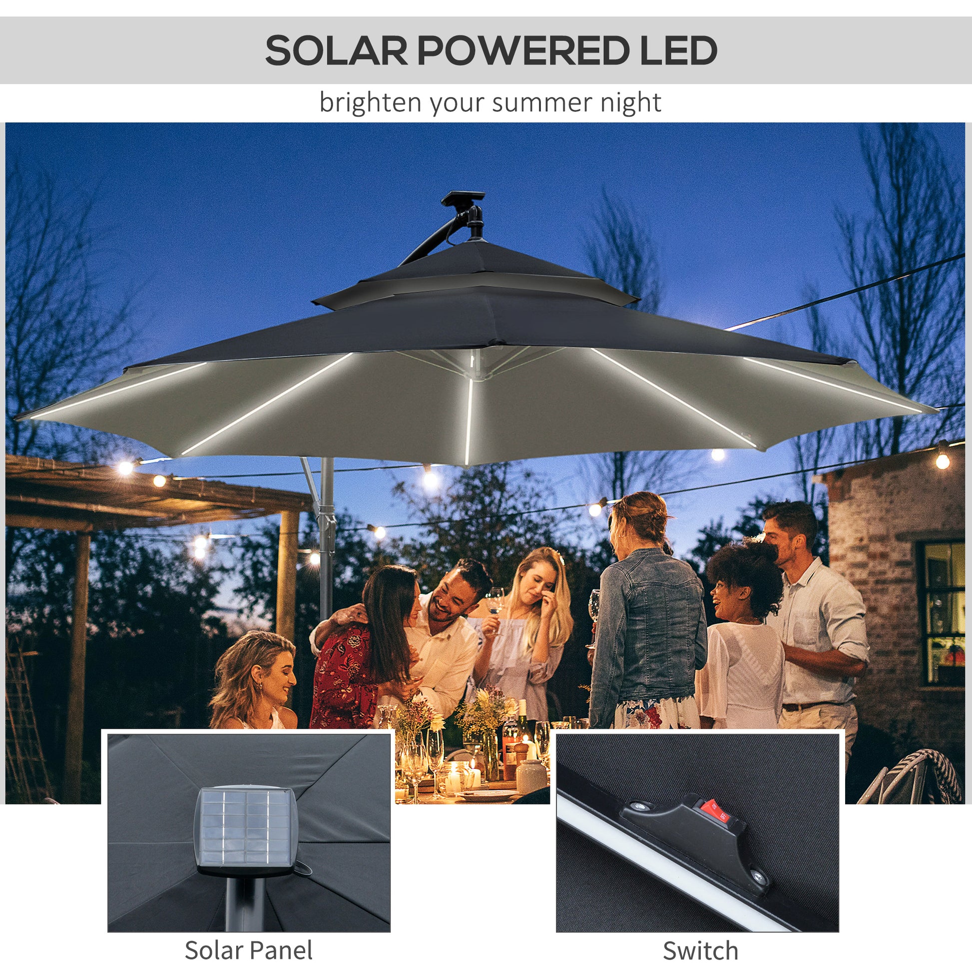 Outsunny 3m Cantilever Hanging Umbrella with Solar LED Lights, Crank Handle, and Adjustable Double Roof, Black - ALL4U RETAILER LTD