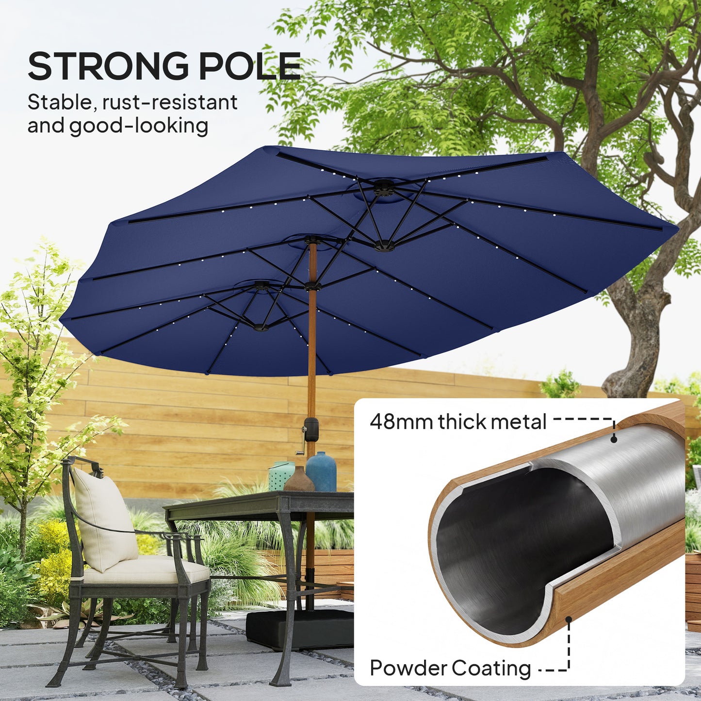 Outsunny Double Sided Garden Parasol With Base Included 48 Solar LED Lights Patio Umbrella Crank Handle 4.6m Dark Blue