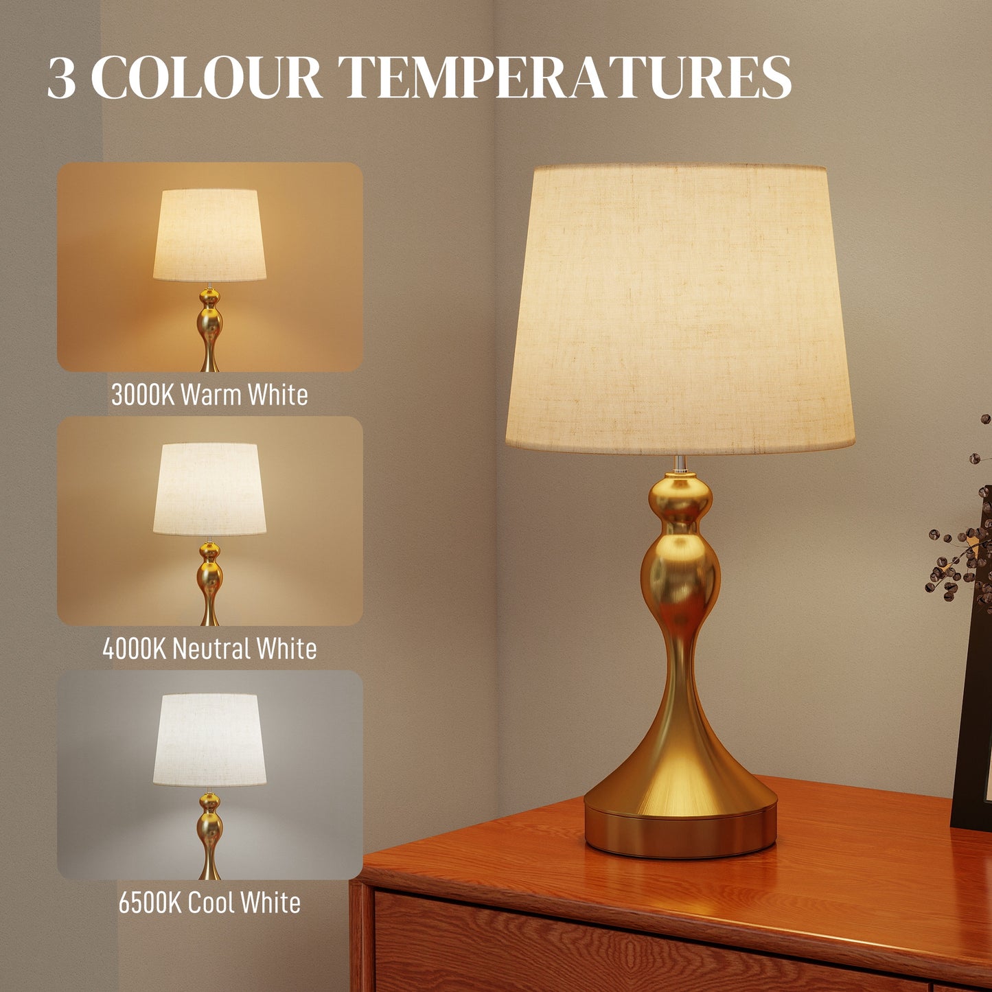 HOMCOM Dimmable Bedside Lamps Set Of 2 With USB Type A And C Ports 3 Colour Temperatures Linen Shade Gold Tone