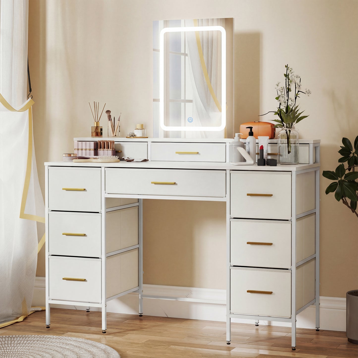 HOMCOM Multi Storage Elegant Dressing Table With LED Mirror In White Finish And Gold Tone Handles