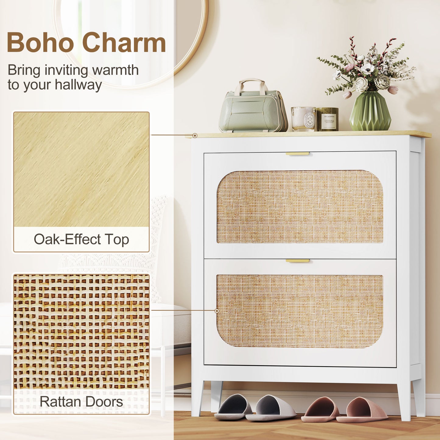 HOMCOM Narrow Boho Rattan Style Shoe Cabinet With 2 Flip Drawers Holds 14 Pairs White