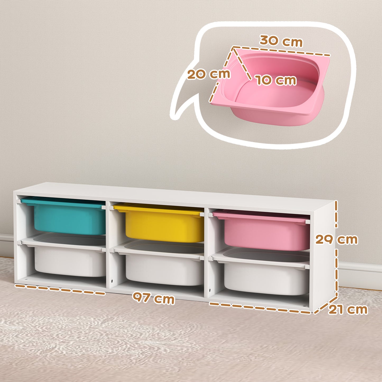 AIYAPLAY Low Height Two Tier Toy Storage Organiser With Six Removable Bins For Kids Bedroom Nursery Playroom