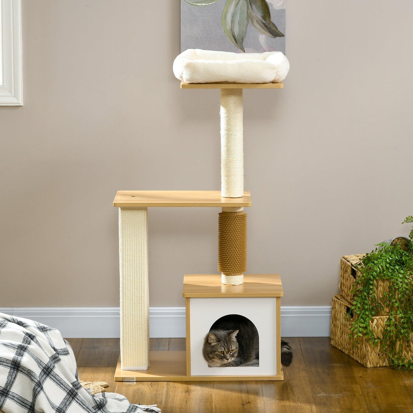 PawHut Cat Tree with Scratching Posts, Cat House, Cat Bed, Perches, 59.5 x 39.5 x 114 cm, Oak Tone - ALL4U RETAILER LTD