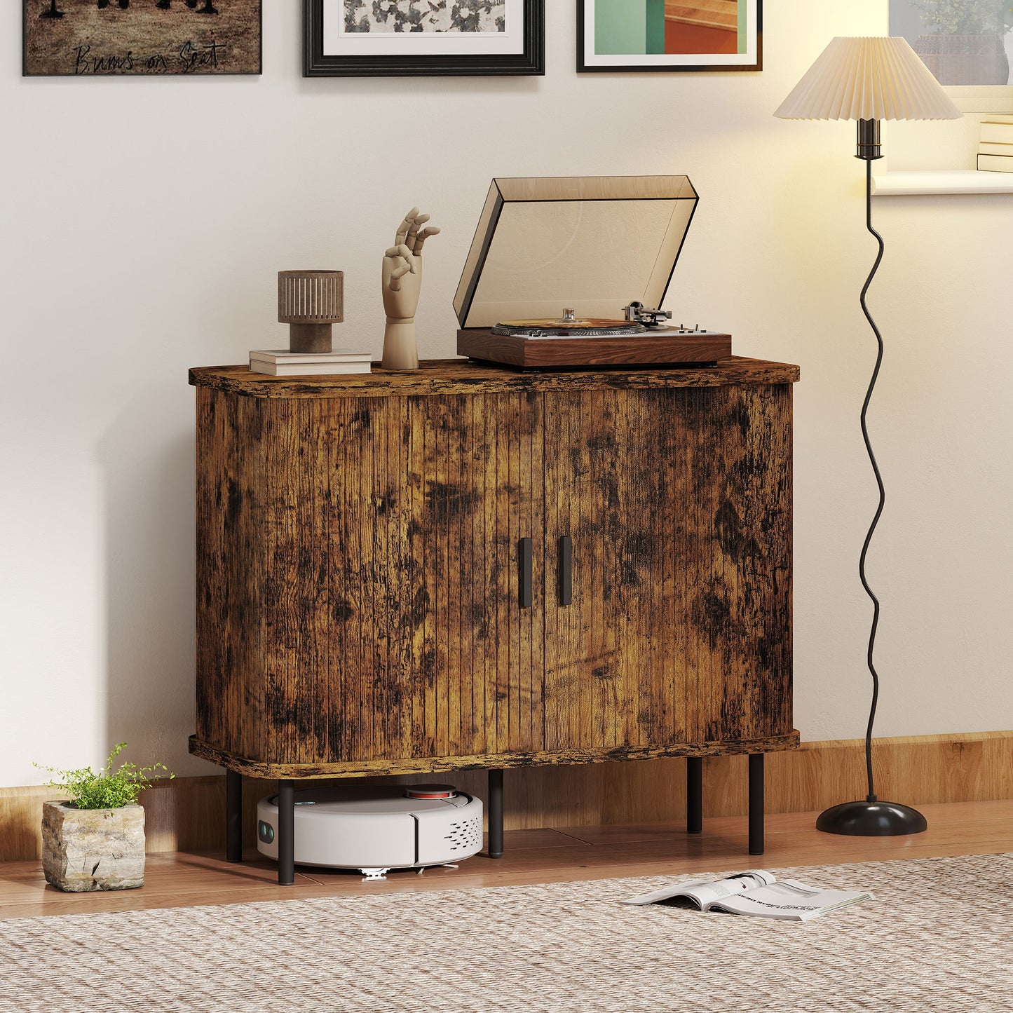HOMCOM Mid Century Modern Kitchen Sideboard Storage Cabinet With Slatted Tambour Doors And Steel Legs Rustic Brown