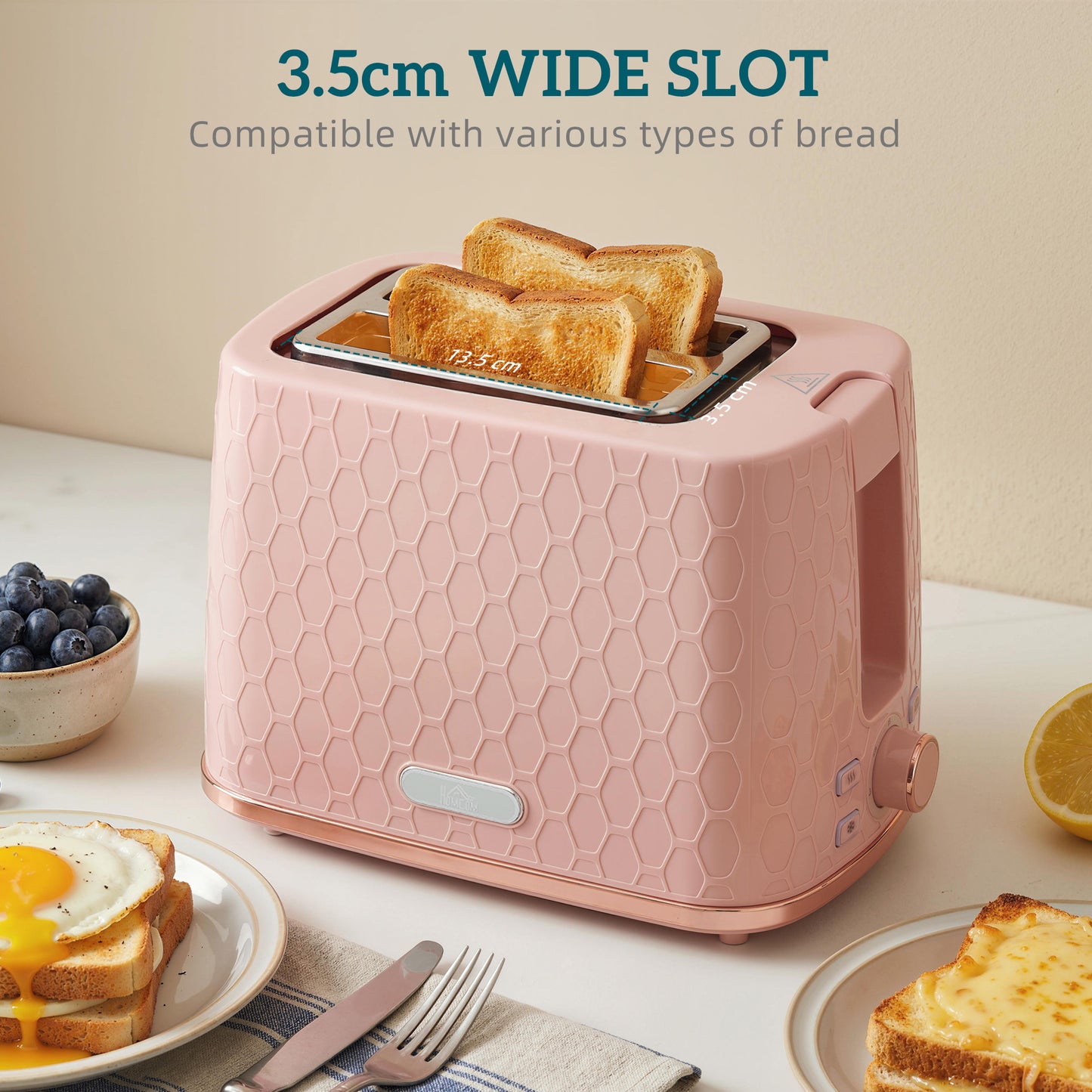 HOMCOM 1.7L 3000W Fast Boil Kettle And 2 Slice Toaster Set With Auto Shut Off Browning Controls Honeycomb Light Pink