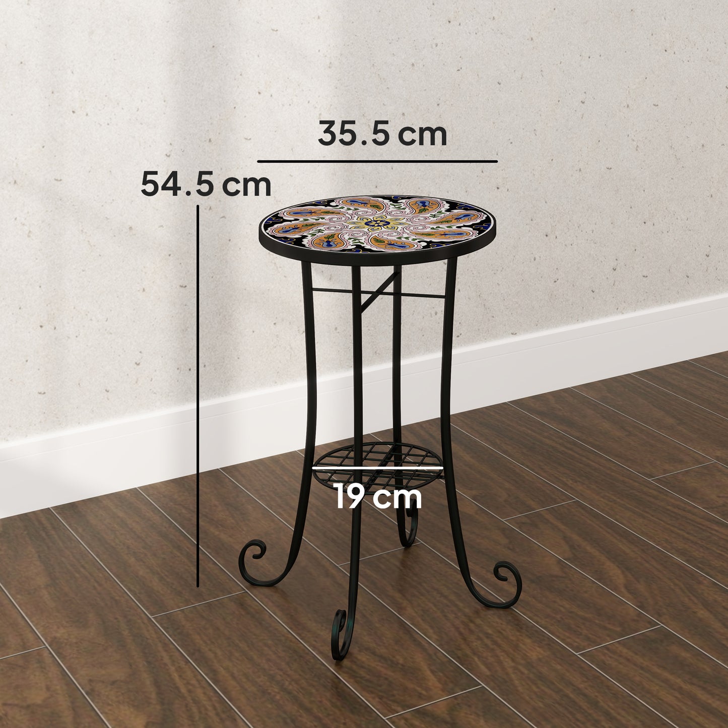 Outsunny Mosaic Round Garden Table With Shelf 35.5 cm Ceramic Tile Top Outdoor Patio Side Table Orange